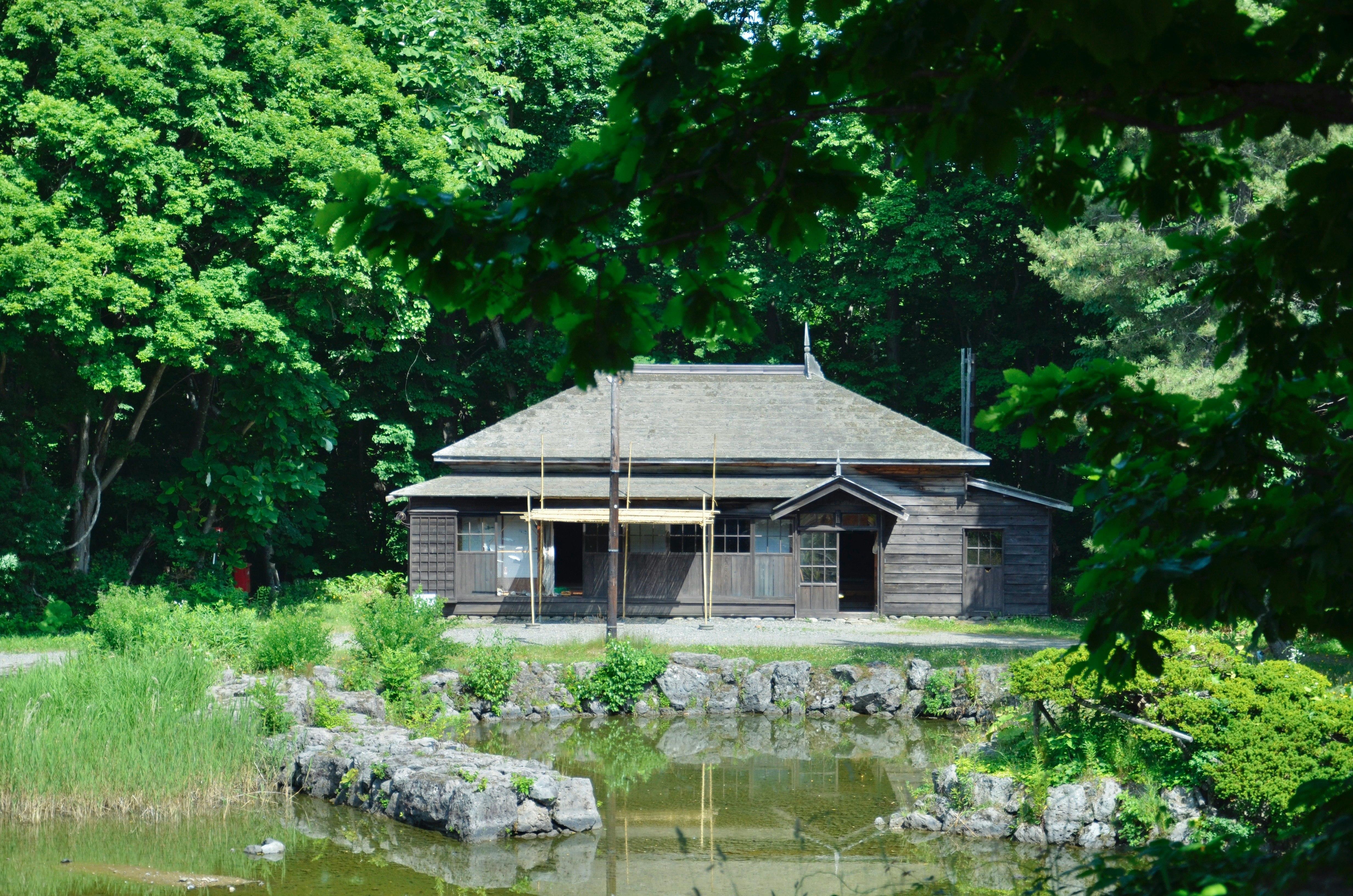 池のそばにある木造の小屋と緑の森