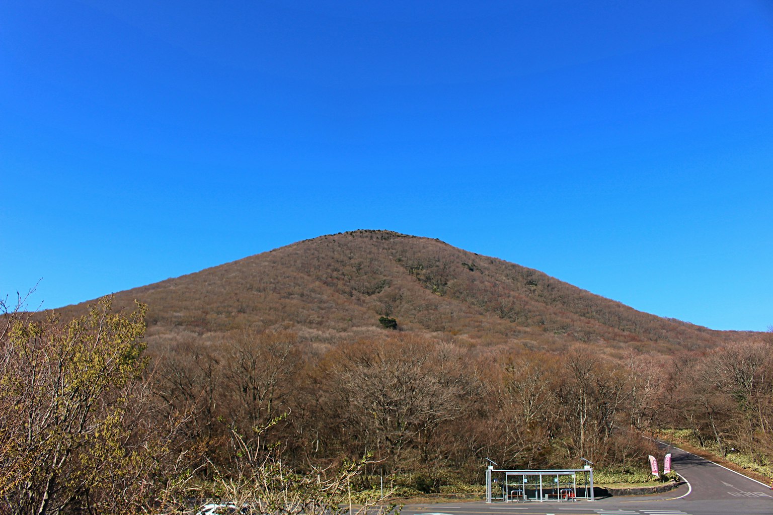 Paysage de montagne brune sous un ciel bleu clair avec des arbres environnants
