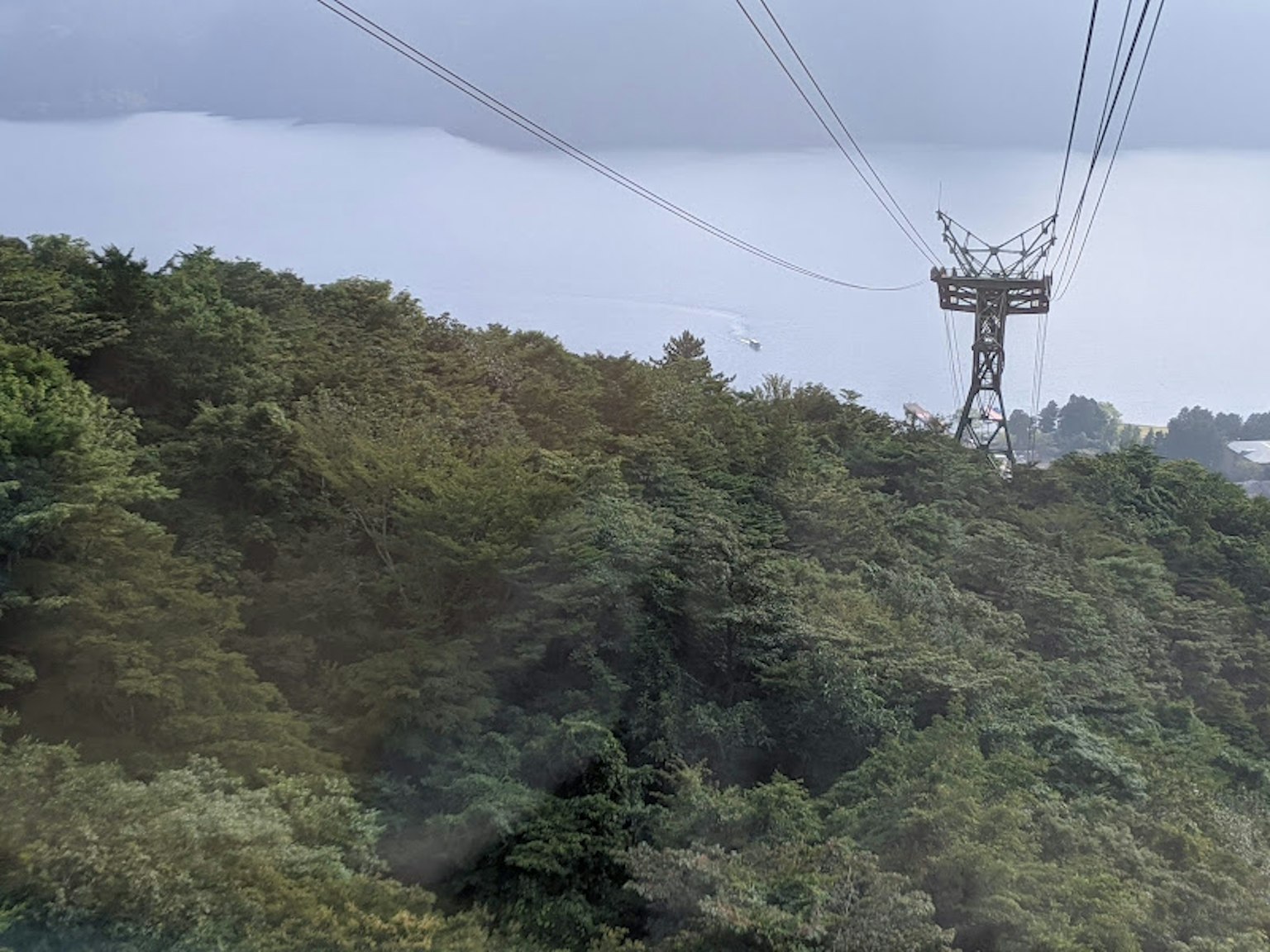 纜車塔被茂密的綠色植物環繞在山上