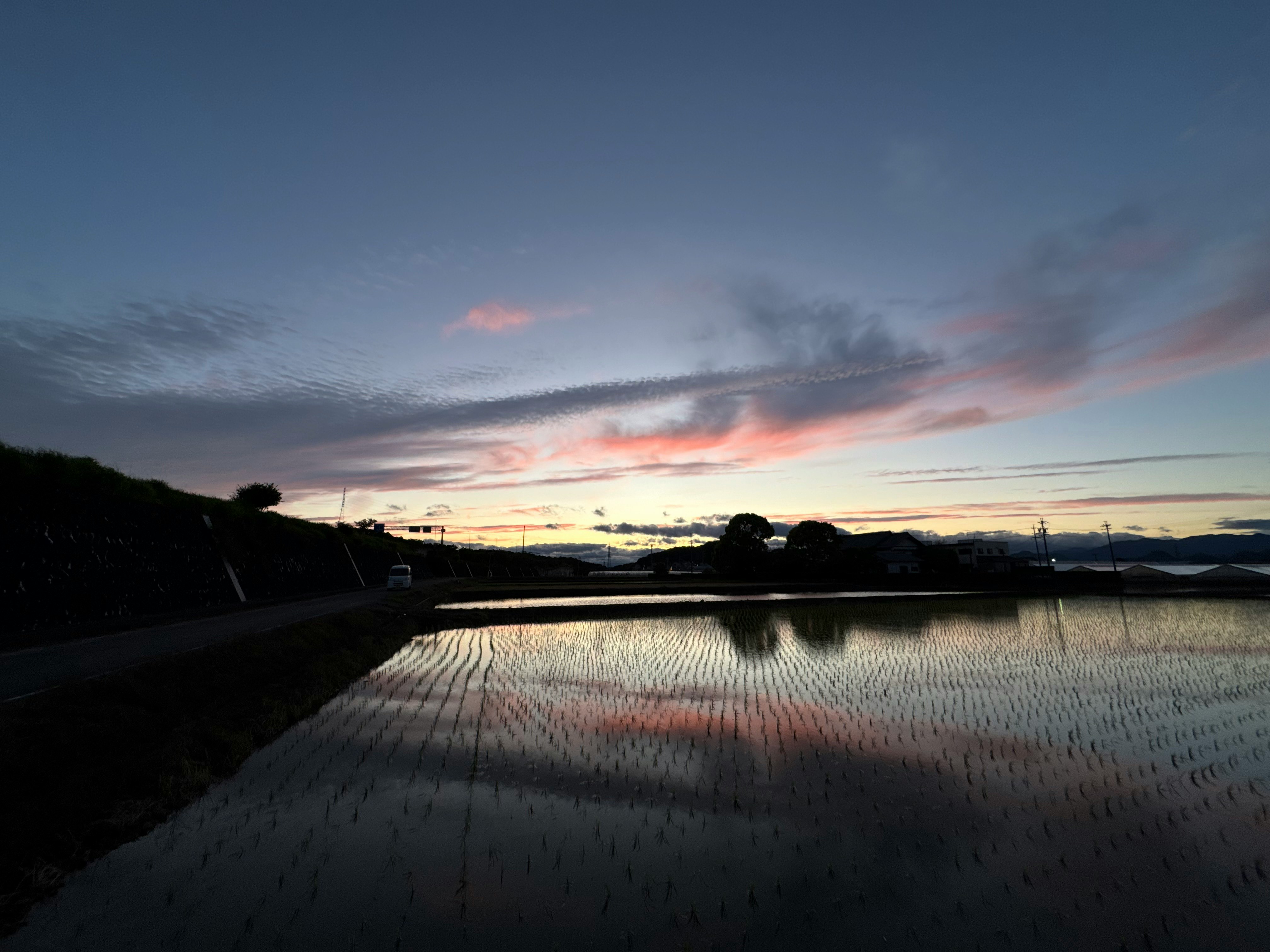 青い時間の空と雲が水鏡に映る田んぼの風景