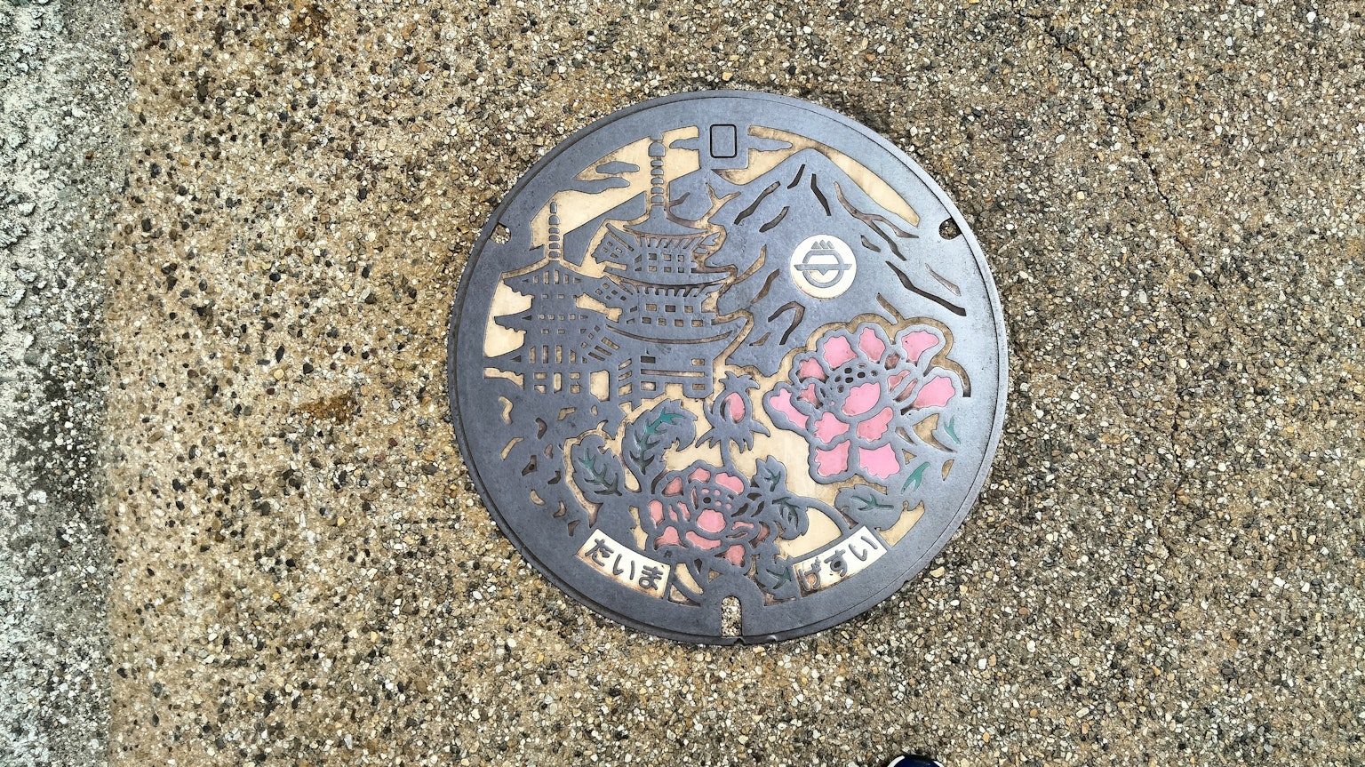 Tapa de alcantarilla decorativa con diseño de flores y montaña