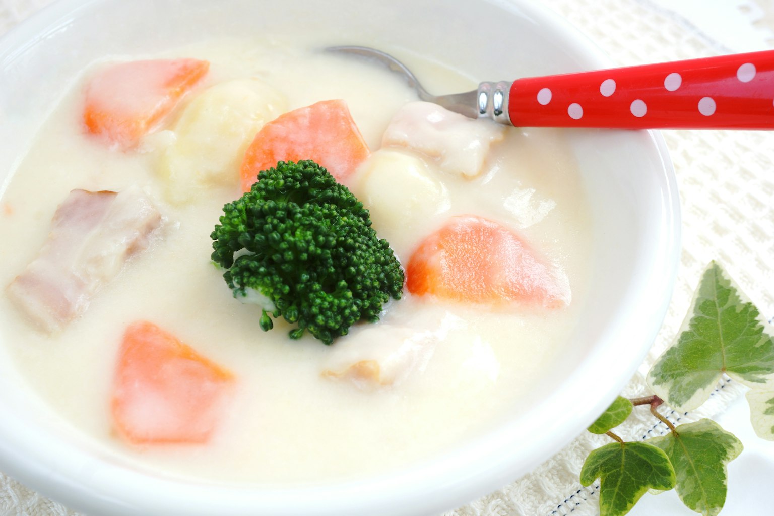 Zuppa cremosa di pollo e verdure con broccoli e carote in una ciotola bianca