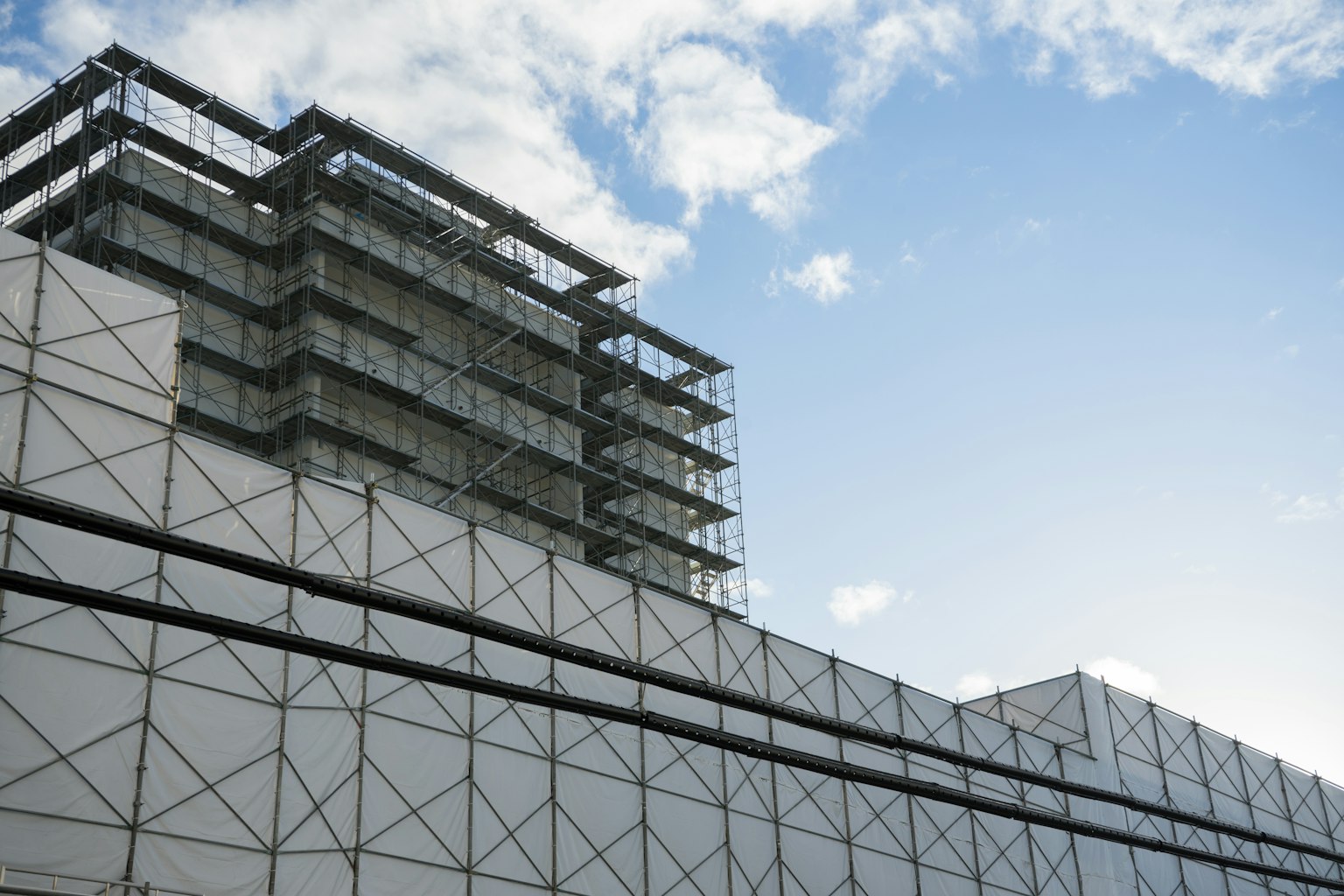 อาคารสมัยใหม่ที่กำลังสร้างอยู่มีน scaffolding อยู่ใต้ท้องฟ้าสีฟ้า