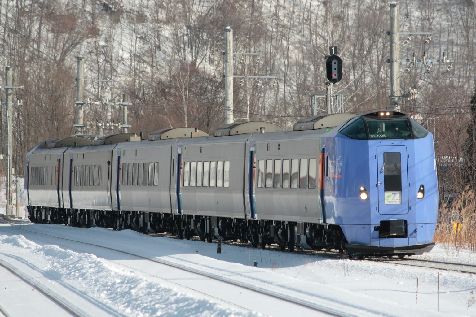 รถไฟด่วนสีน้ำเงินที่วิ่งผ่านภูมิทัศน์ที่มีหิมะ