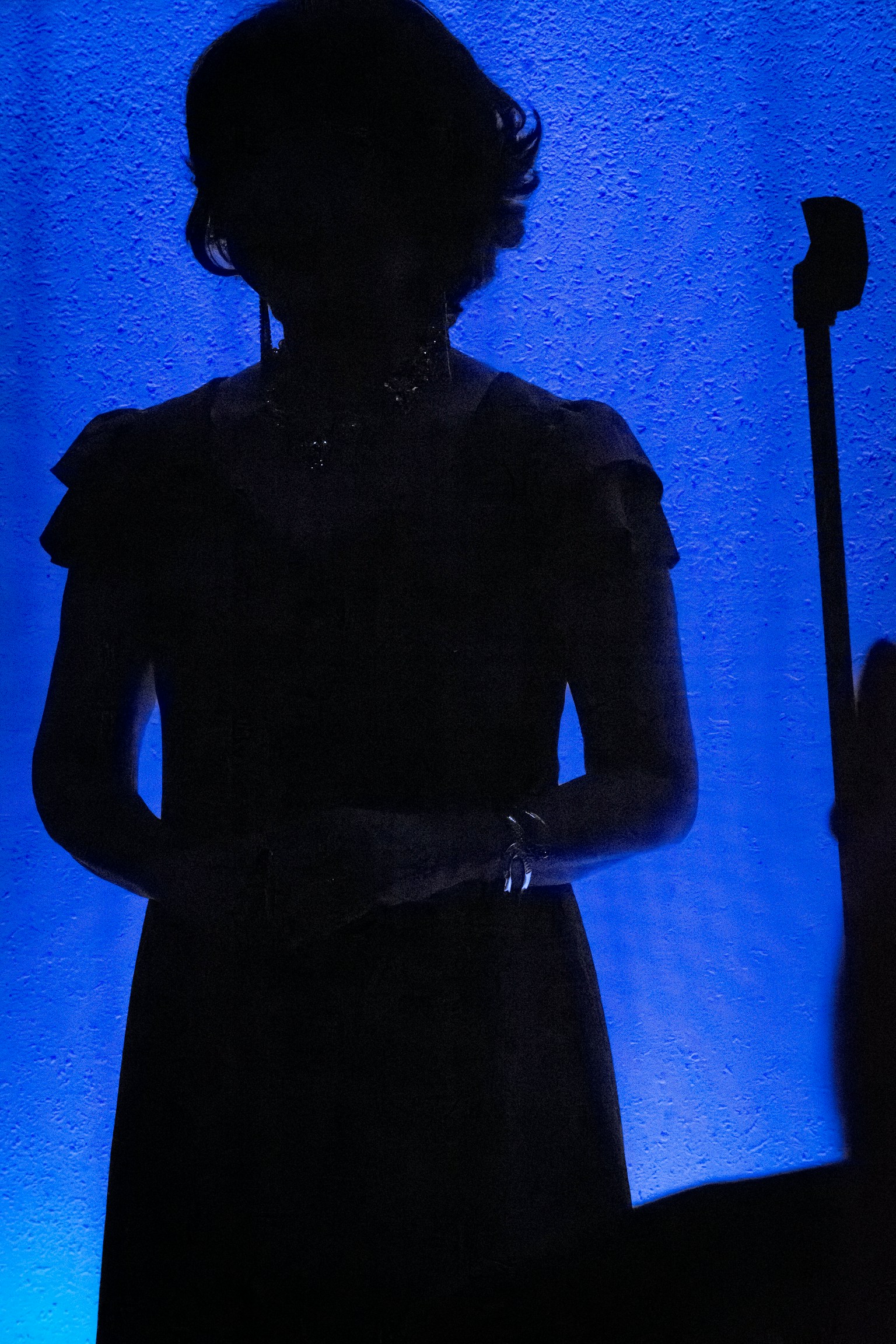 青い背景の前に立つシルエットの女性