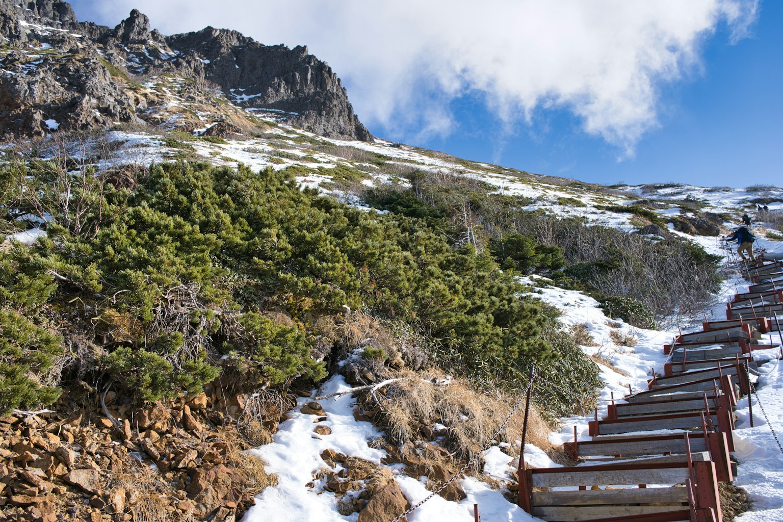 Mountain path with snow and green vegetation