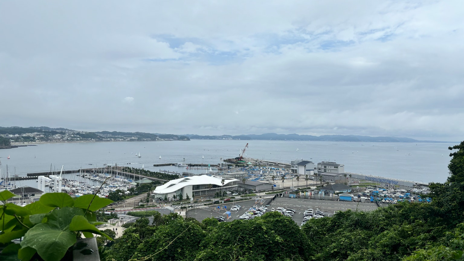 Vista del porto costiero con cielo nuvoloso e fogliame verde