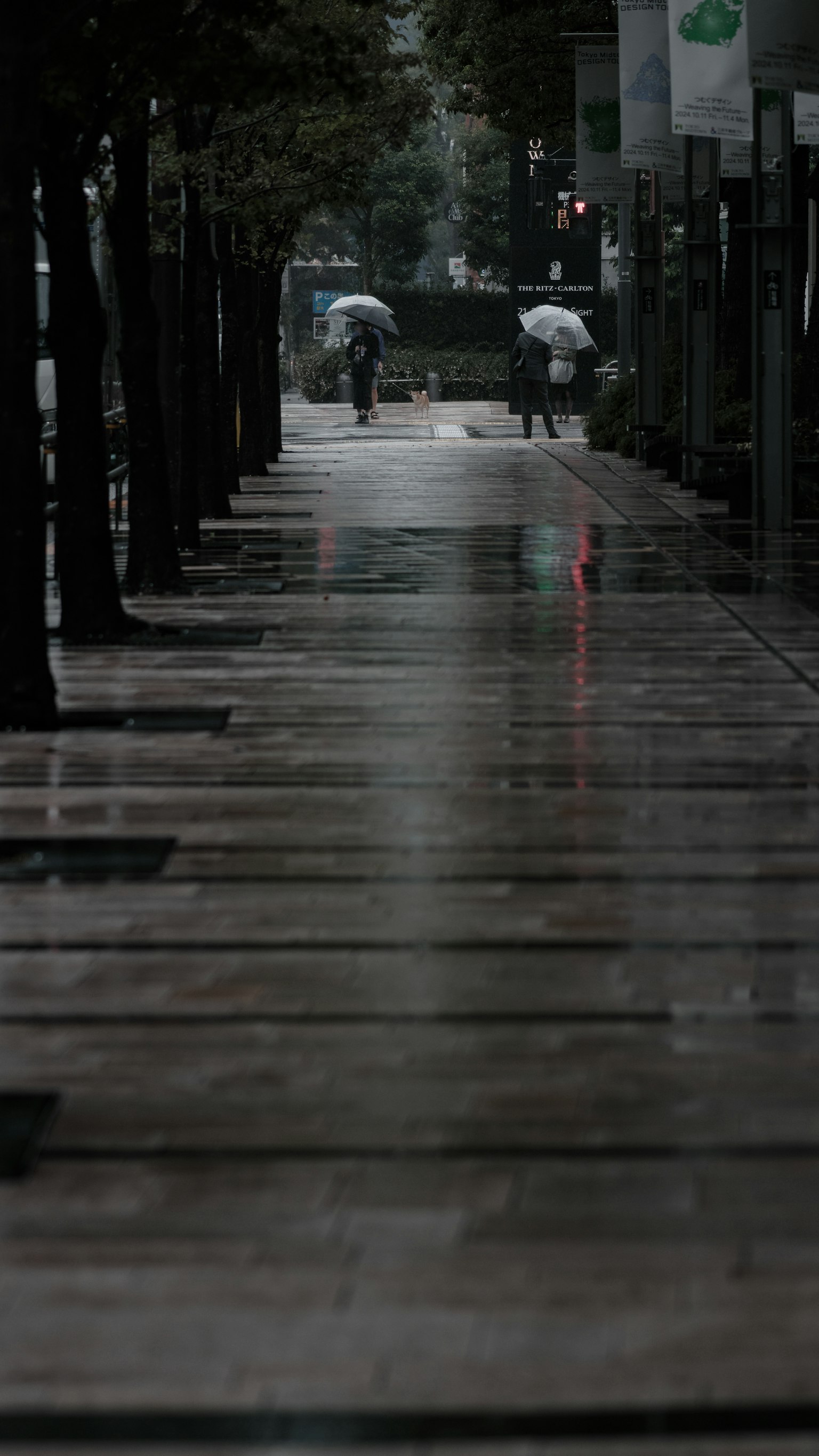 Personnes marchant sous la pluie sur un trottoir réfléchissant