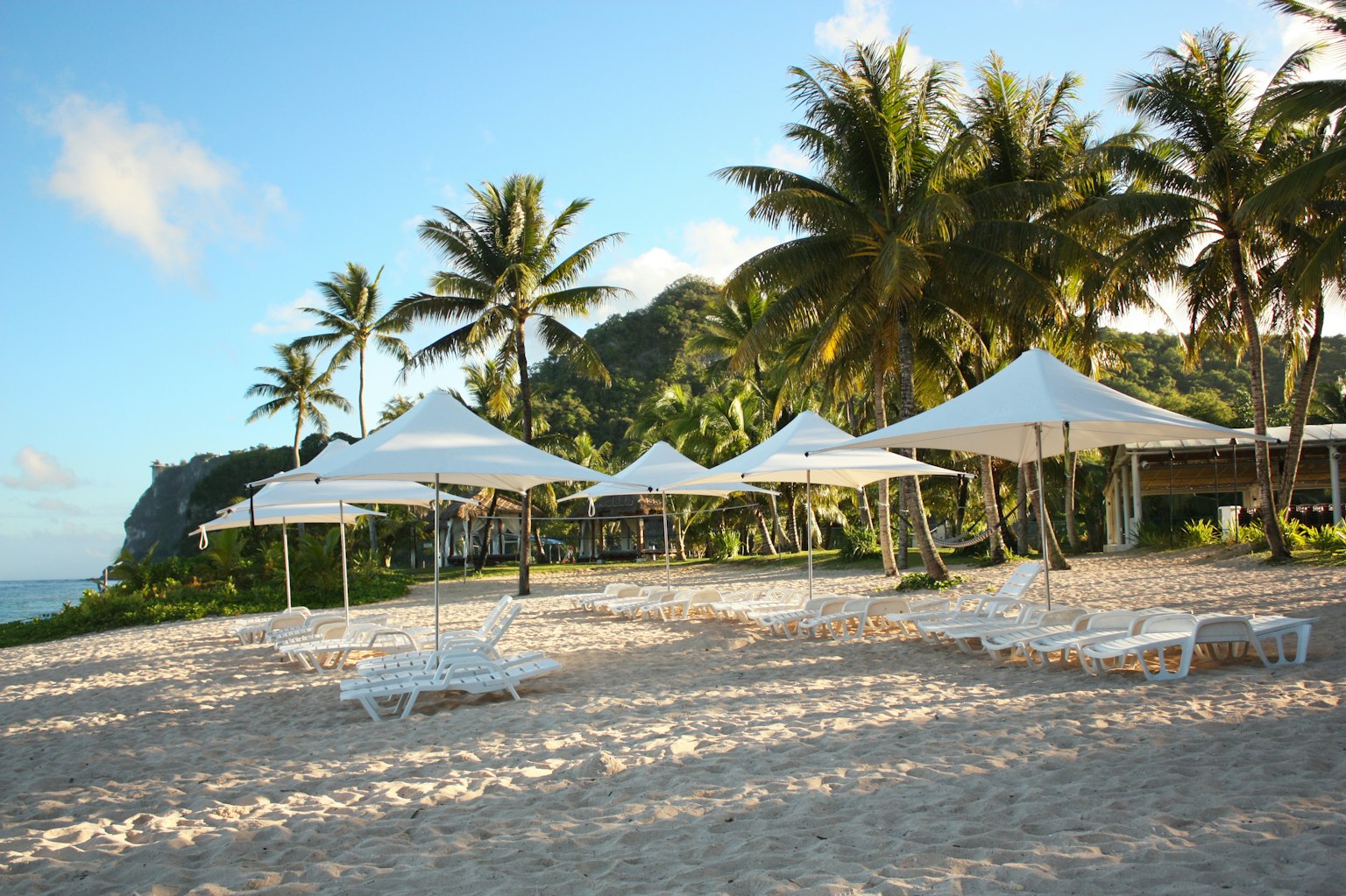 Scène de plage avec des parasols blancs et des chaises longues sous des palmiers