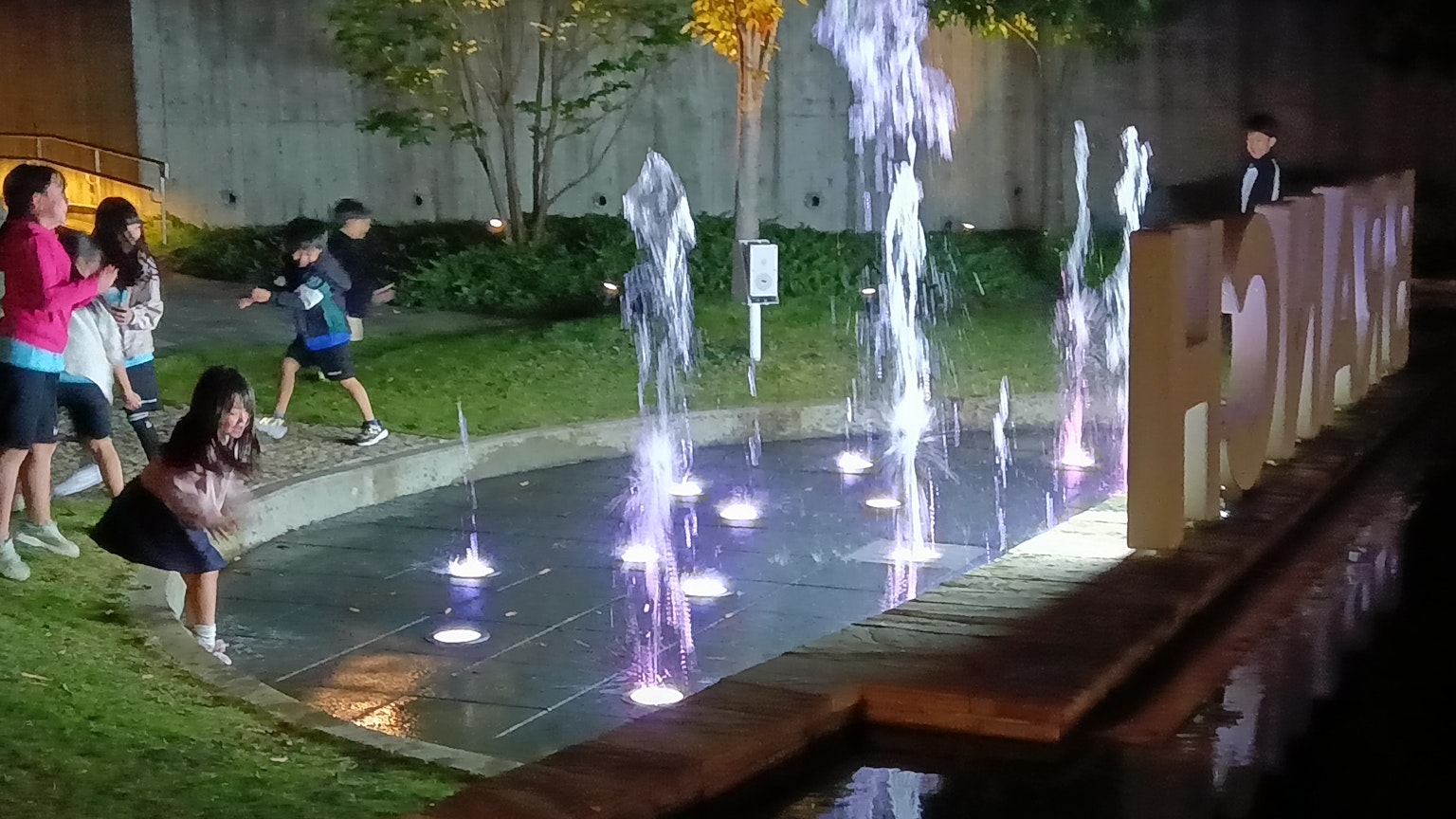 夜の噴水で遊ぶ子供たちと大人たちの光景