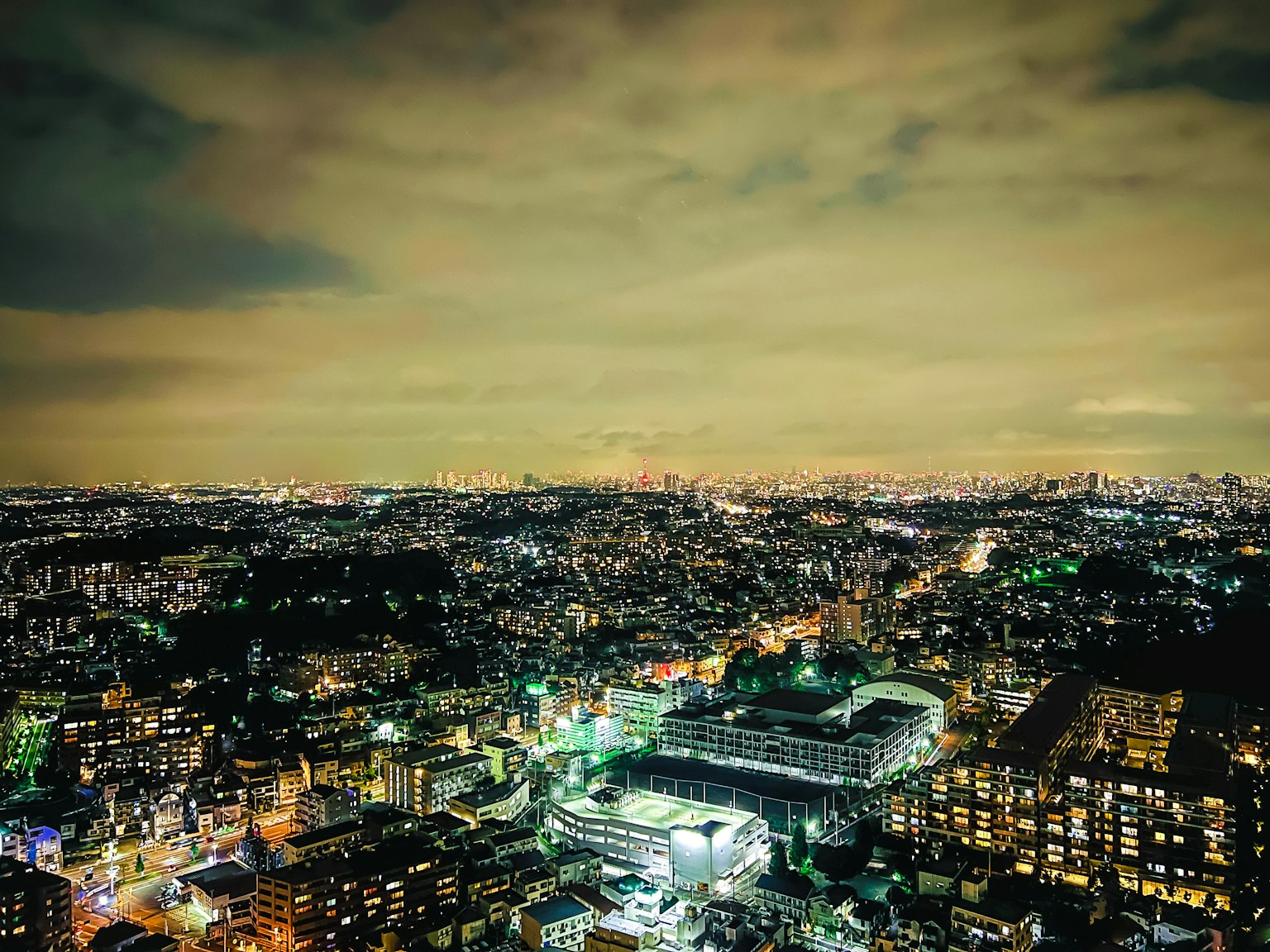 Vista panoramica di una città di notte con edifici illuminati e cielo nuvoloso