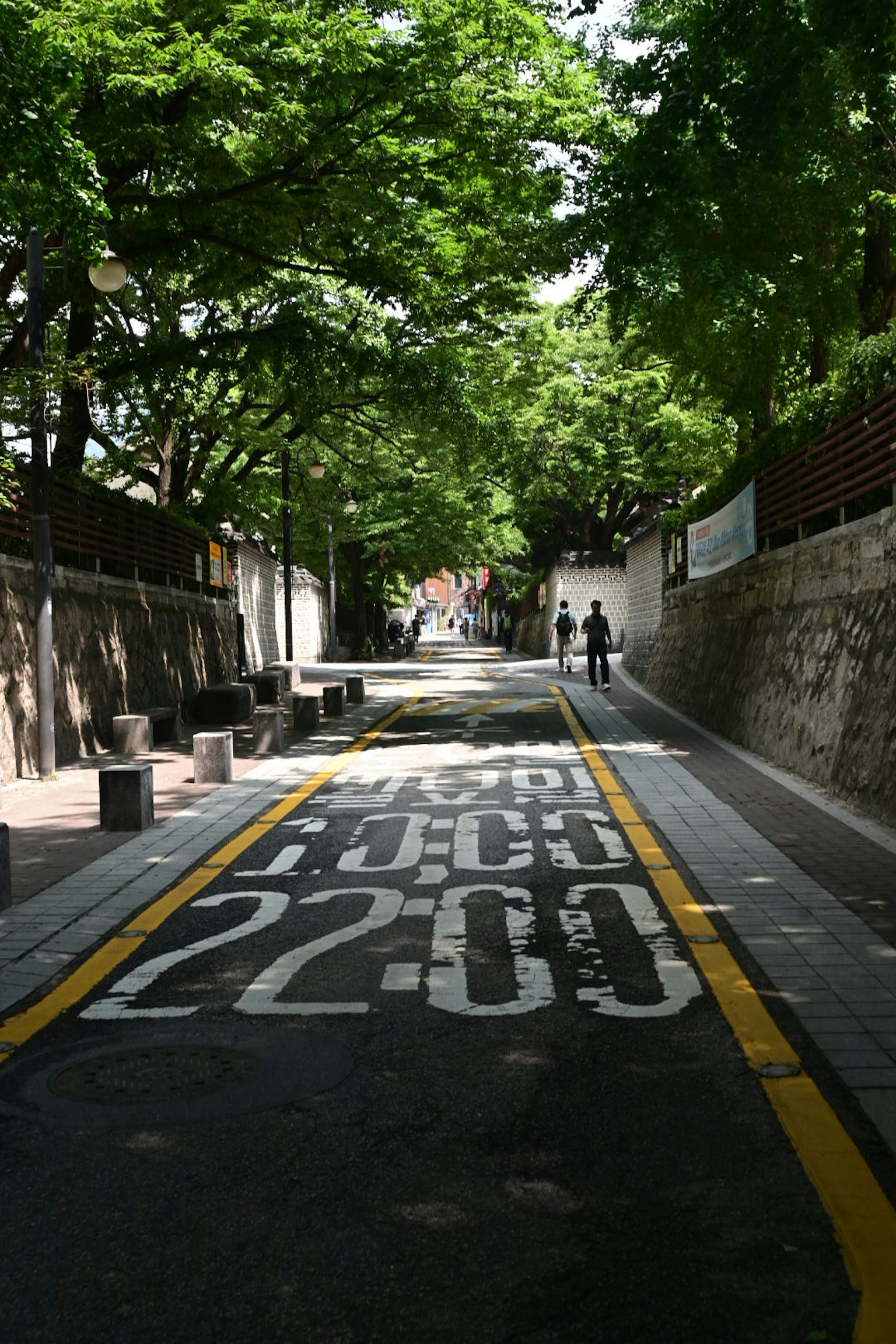 Rue calme entourée d'arbres verts avec un panneau de restriction horaire