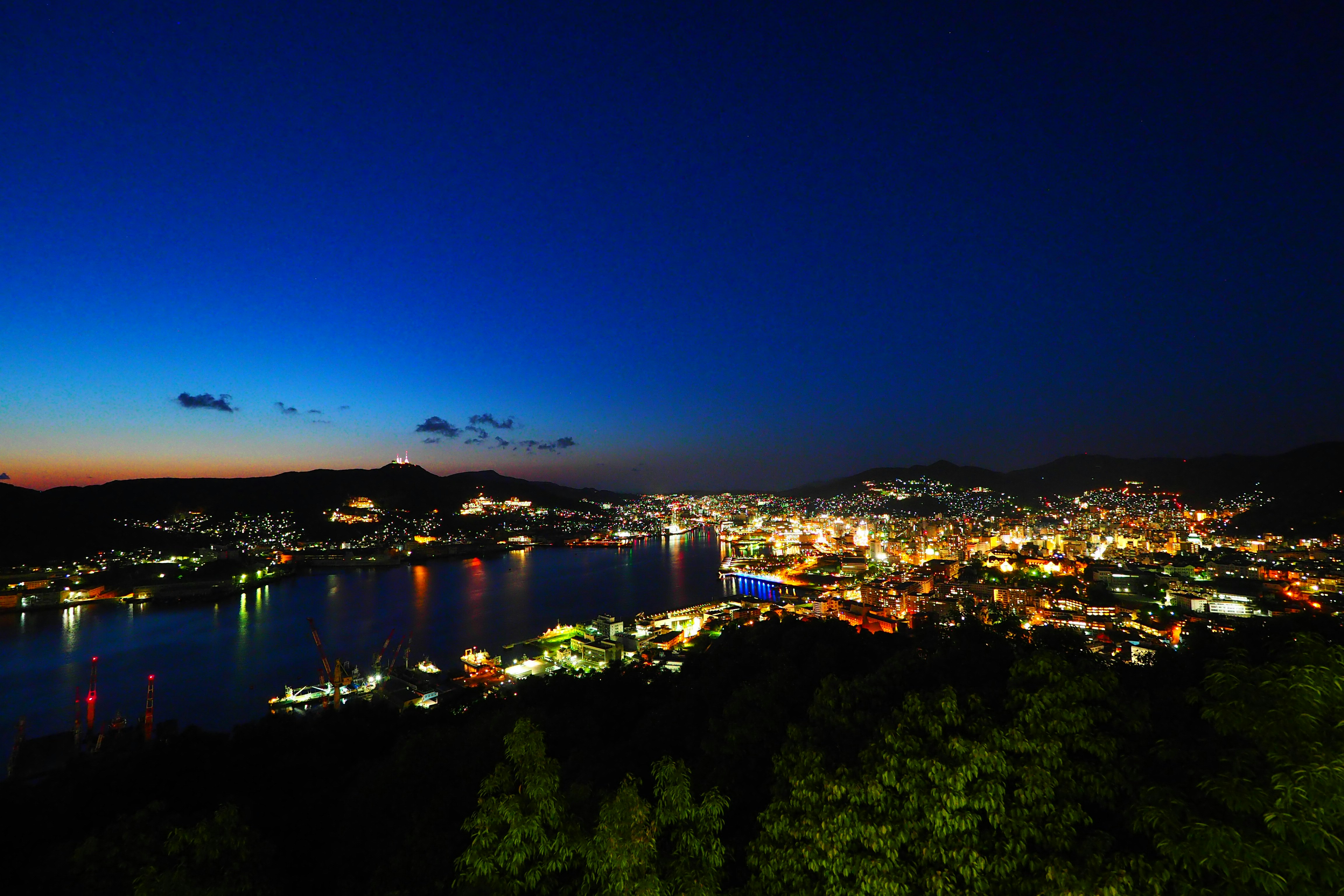 夜景の湾岸に広がる街の灯りと水面