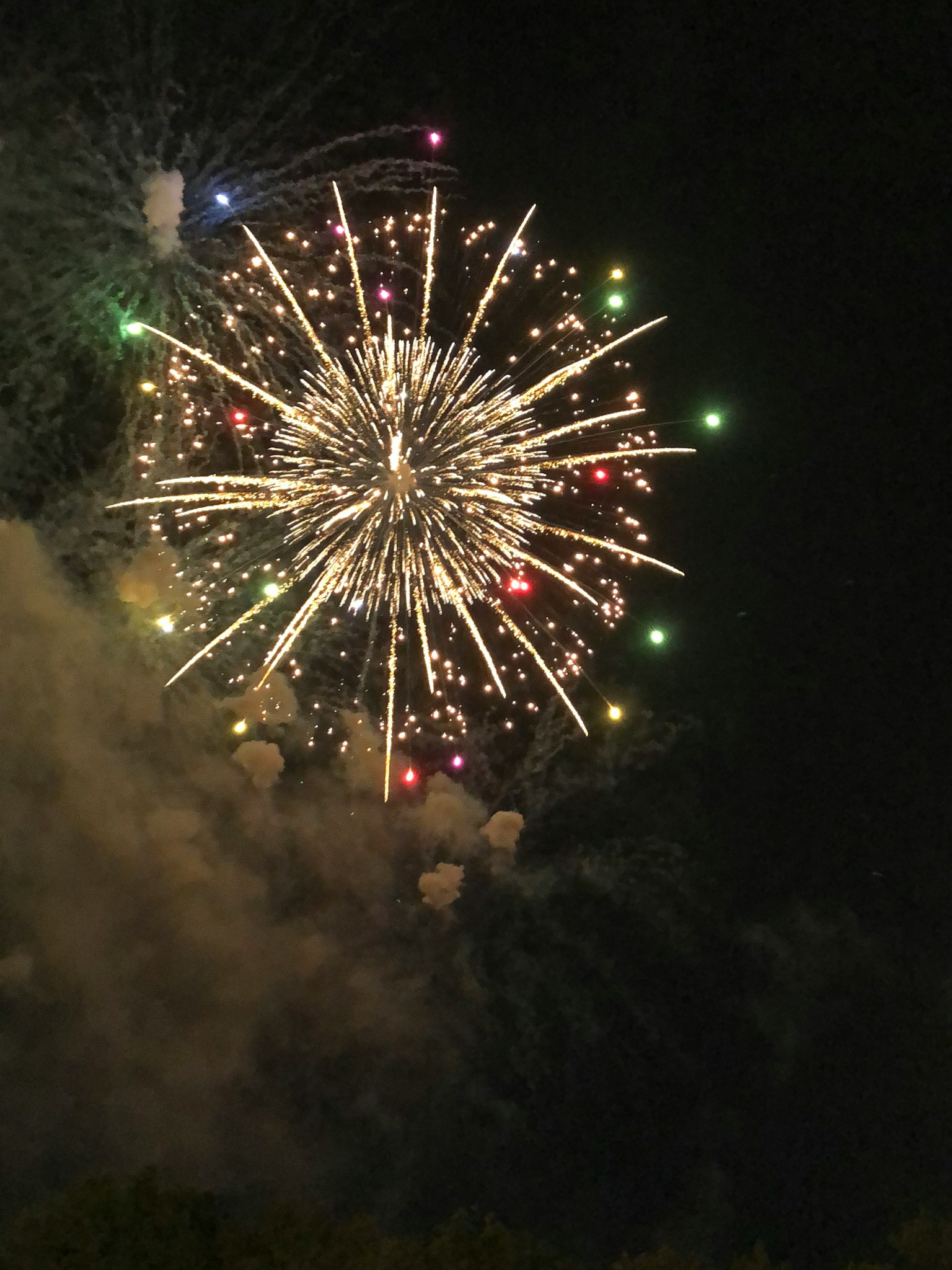 Fuochi d'artificio colorati che esplodono nel cielo notturno con fumo