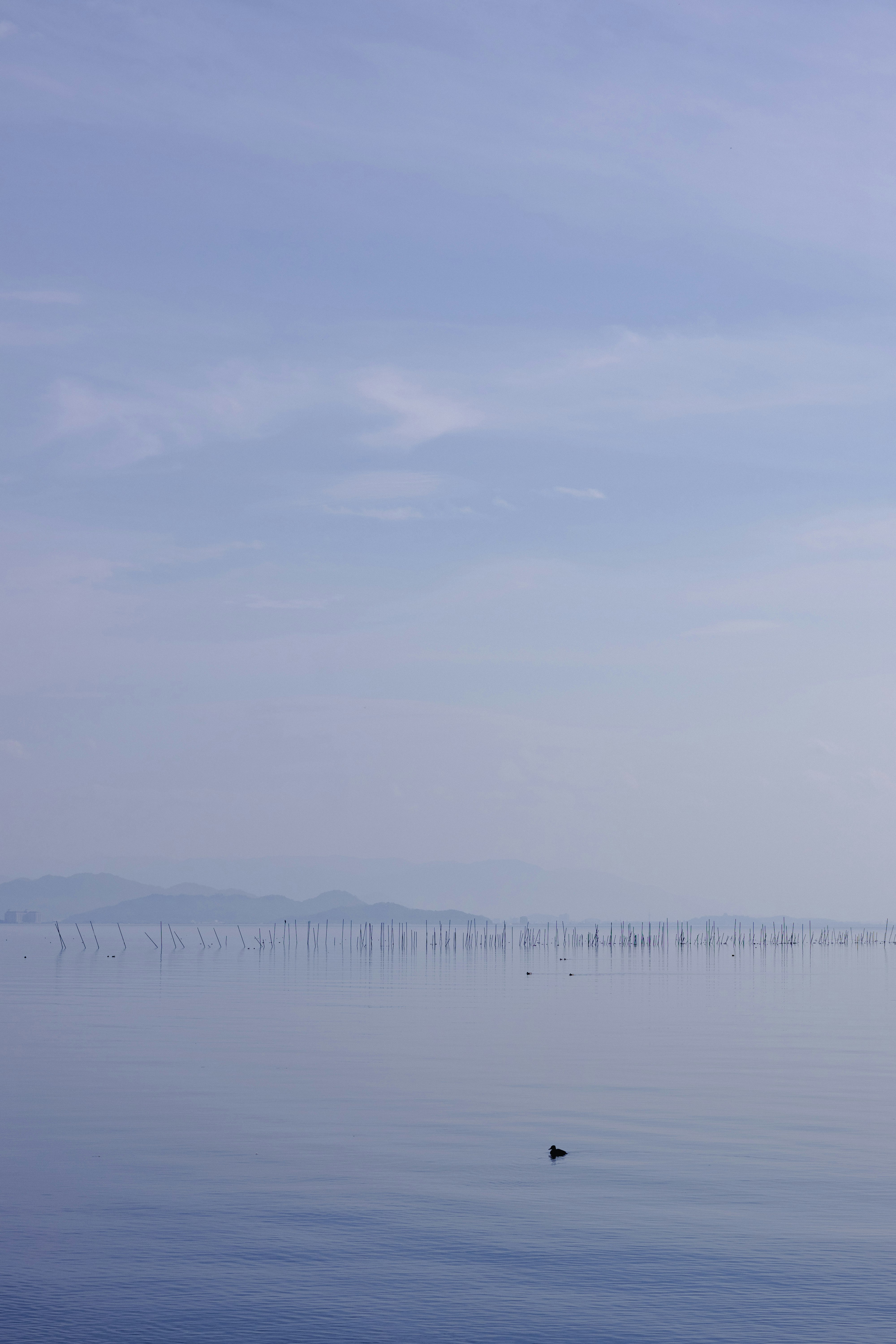 Calm lake surface with sky and distant mountain range