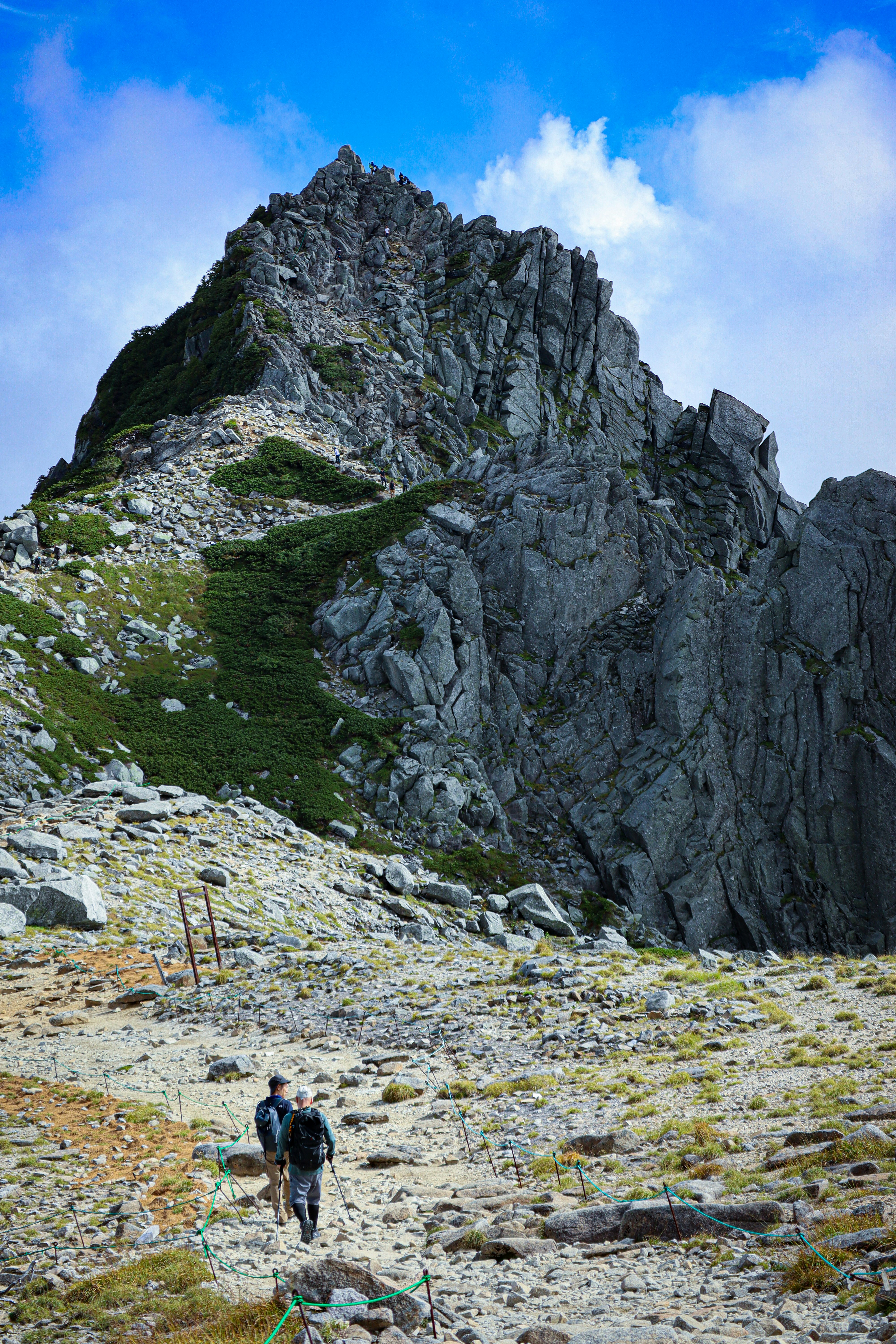des randonneurs marchant sur un sentier rocheux au pied d’une falaise escarpée