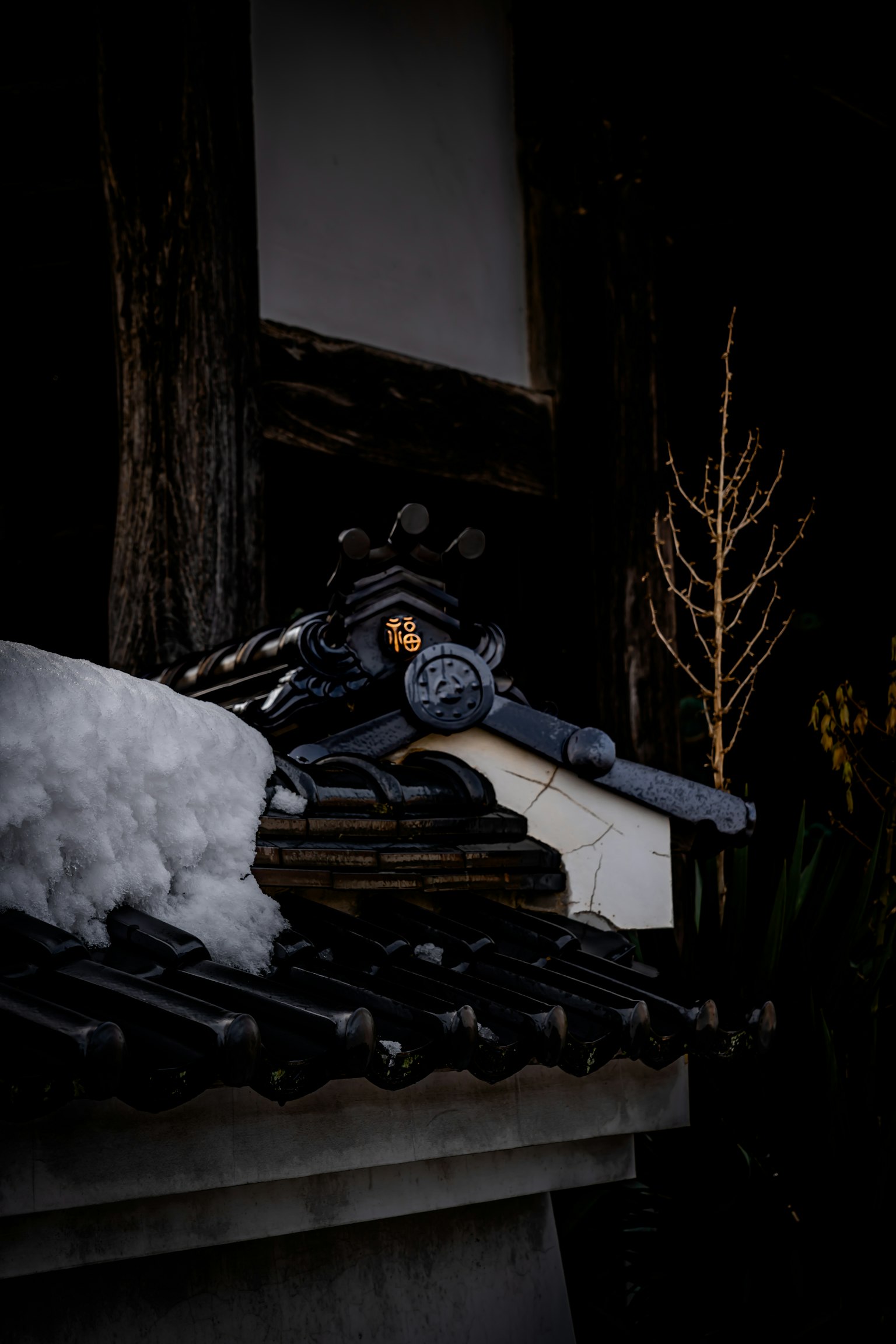 Objeto similar a un arma en un techo nevado con árboles al fondo