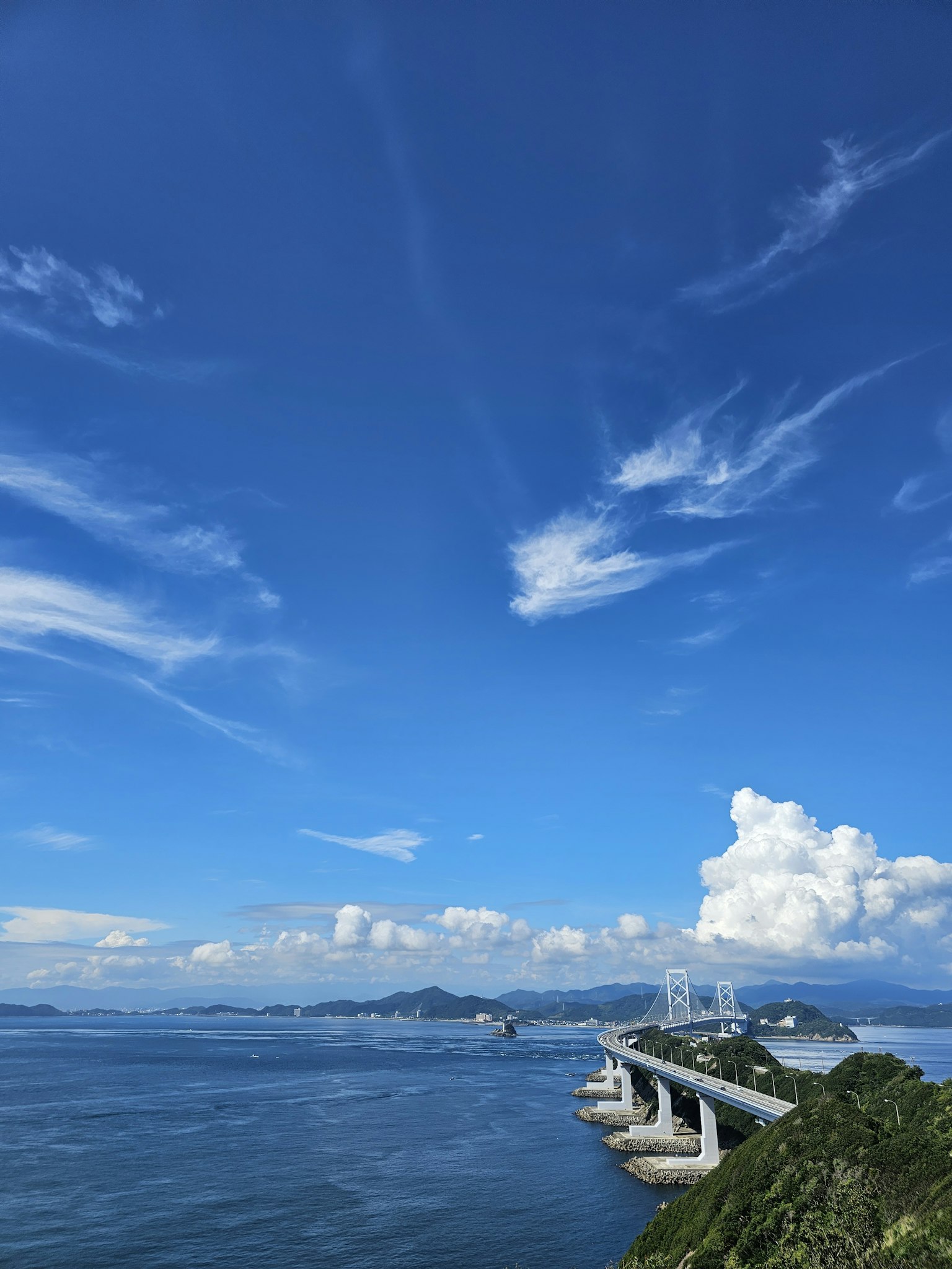 Vue panoramique d'un ciel bleu avec des nuages blancs au-dessus d'une étendue d'eau avec un pont