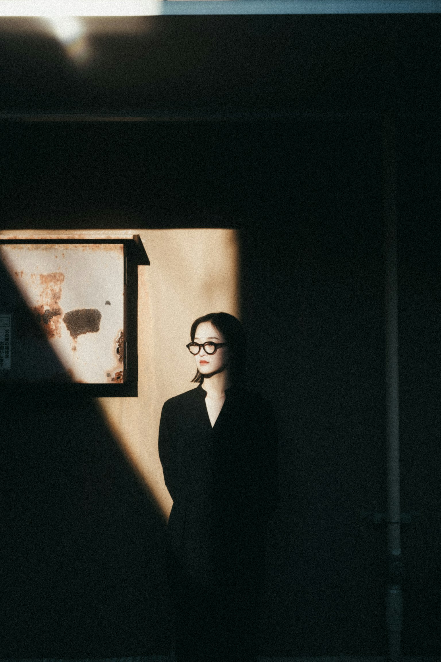 Retrato de una mujer de pie en sombras con una obra enmarcada en la pared