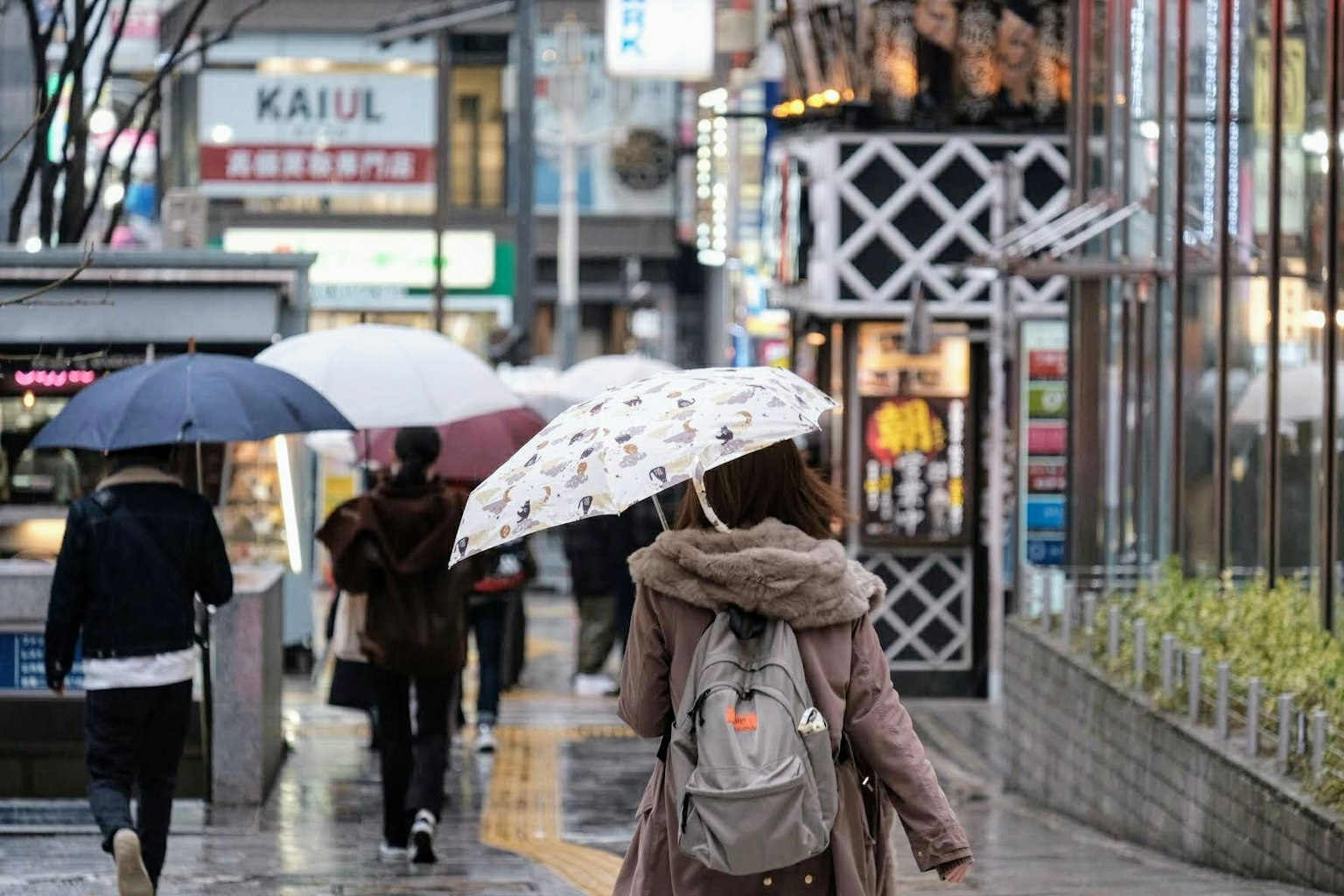 在雨中走在城市街道上的人們撐著傘