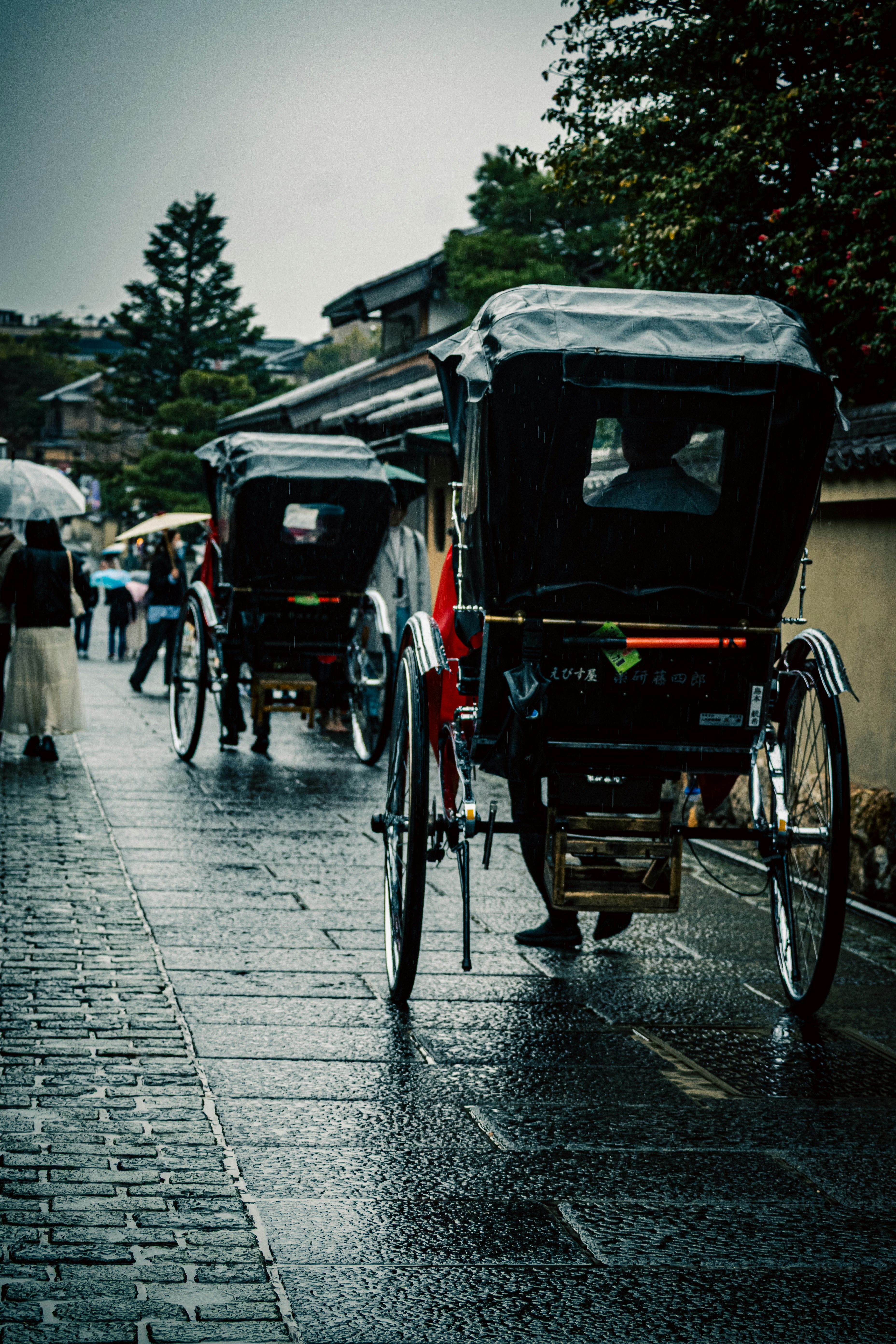 雨上がりの石畳の路地を走る人力車