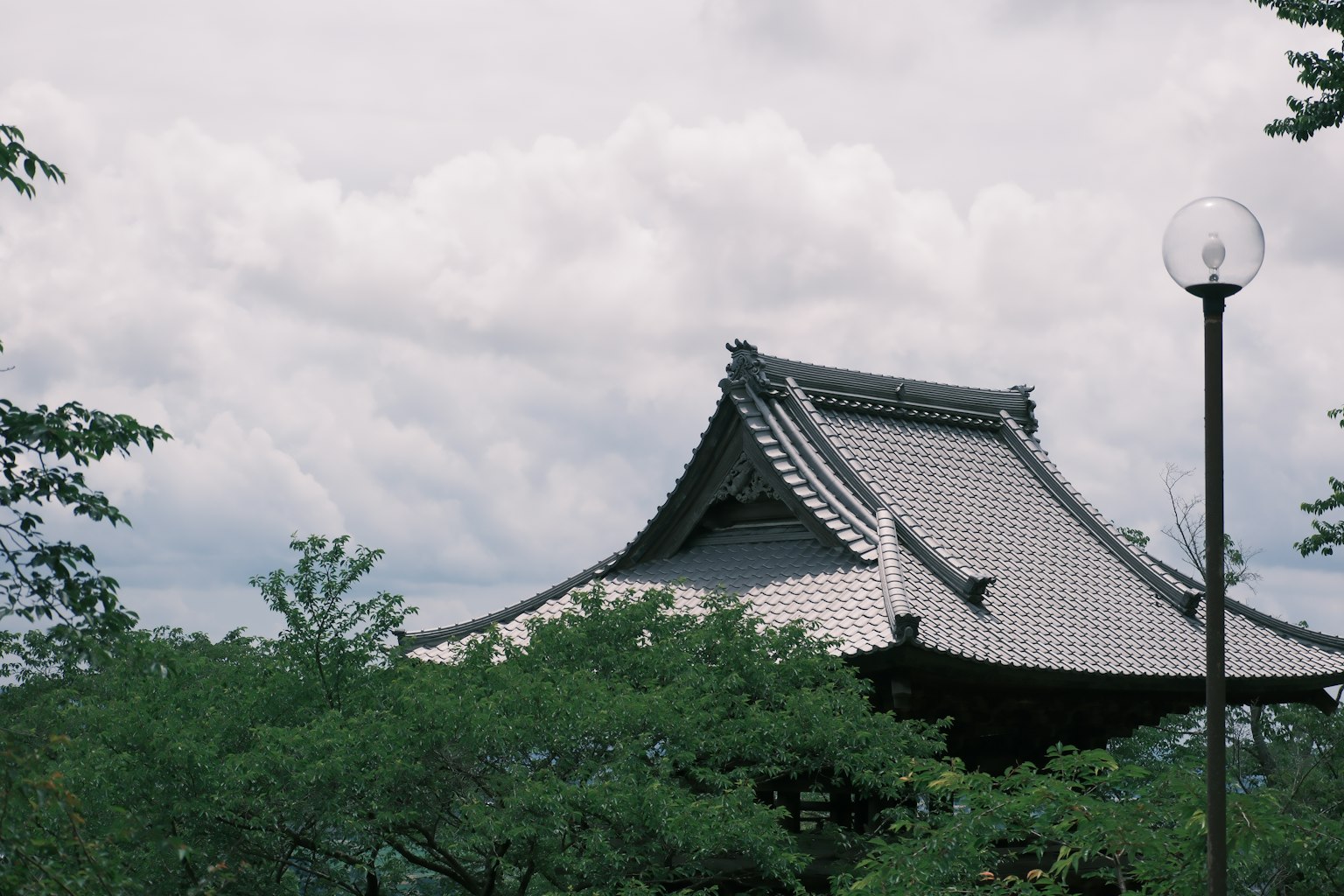 푸른 나무로 둘러싸인 전통 일본 사원 지붕과 가로등