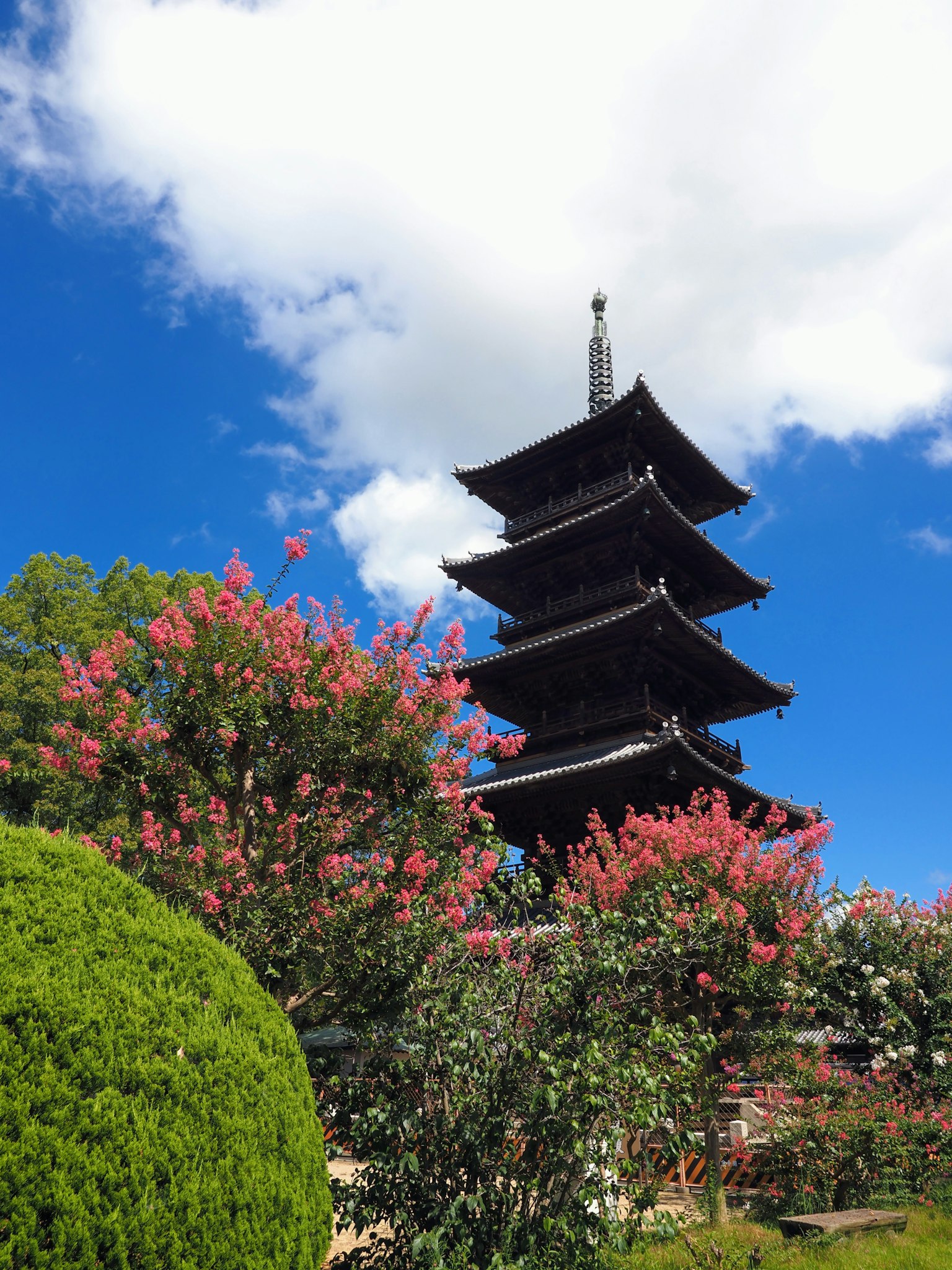藍天下五層寶塔和花朵的美麗風景