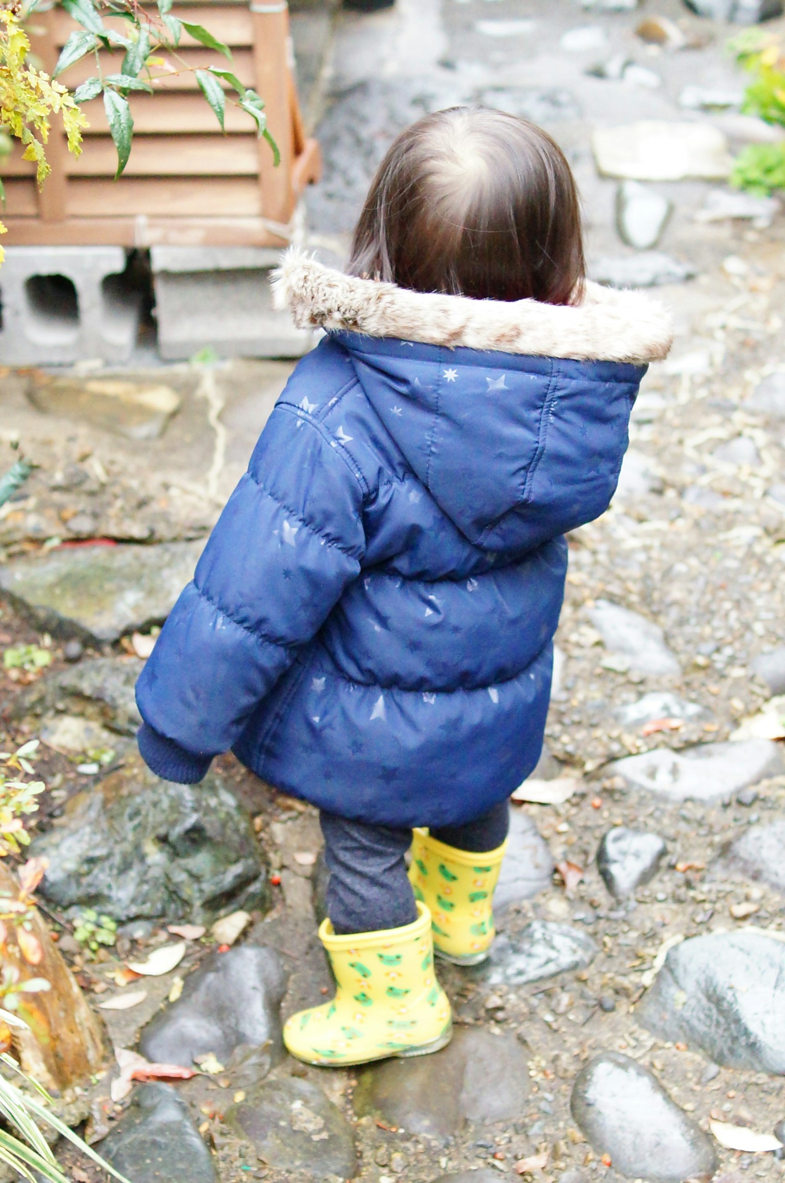 Kind in blauer Daunenjacke von hinten stehend