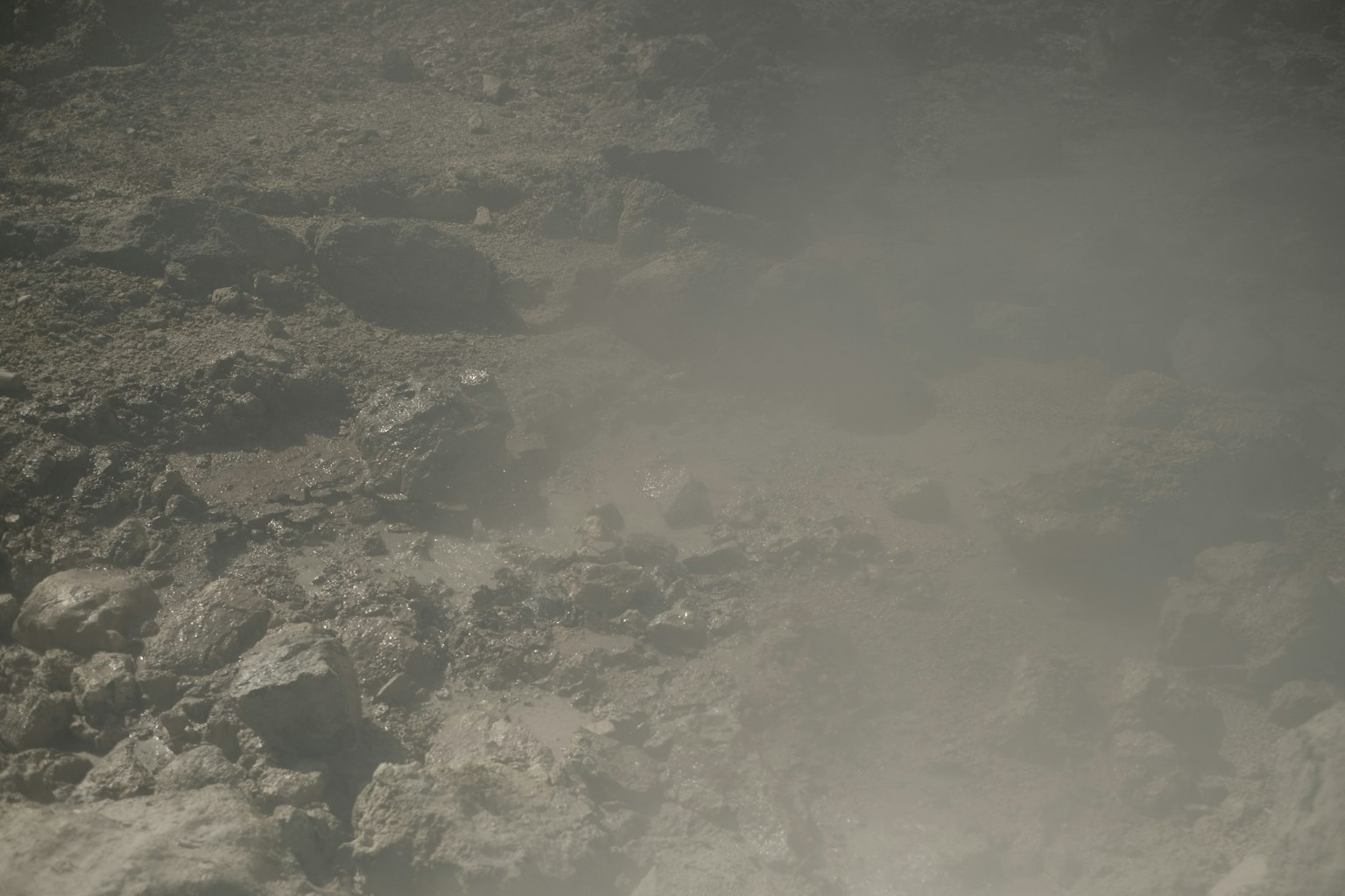 A misty landscape with rocks and steam in a tropical setting