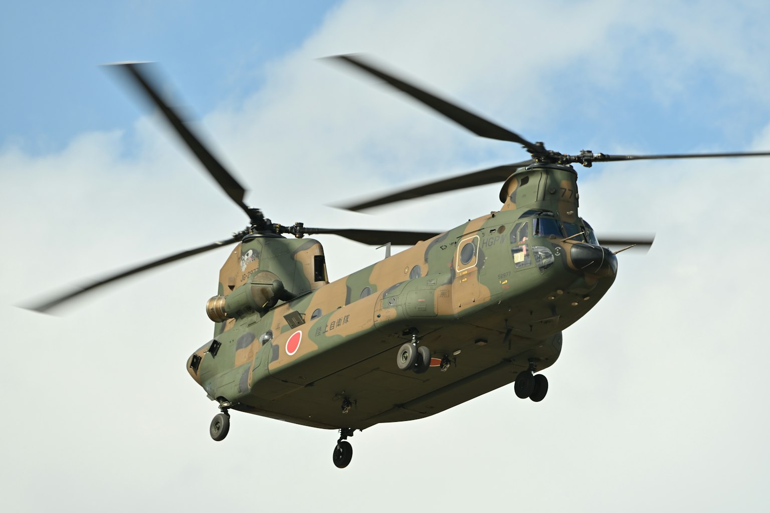 Elicottero CH-47 delle Forze di autodifesa terrestre giapponesi in volo nel cielo