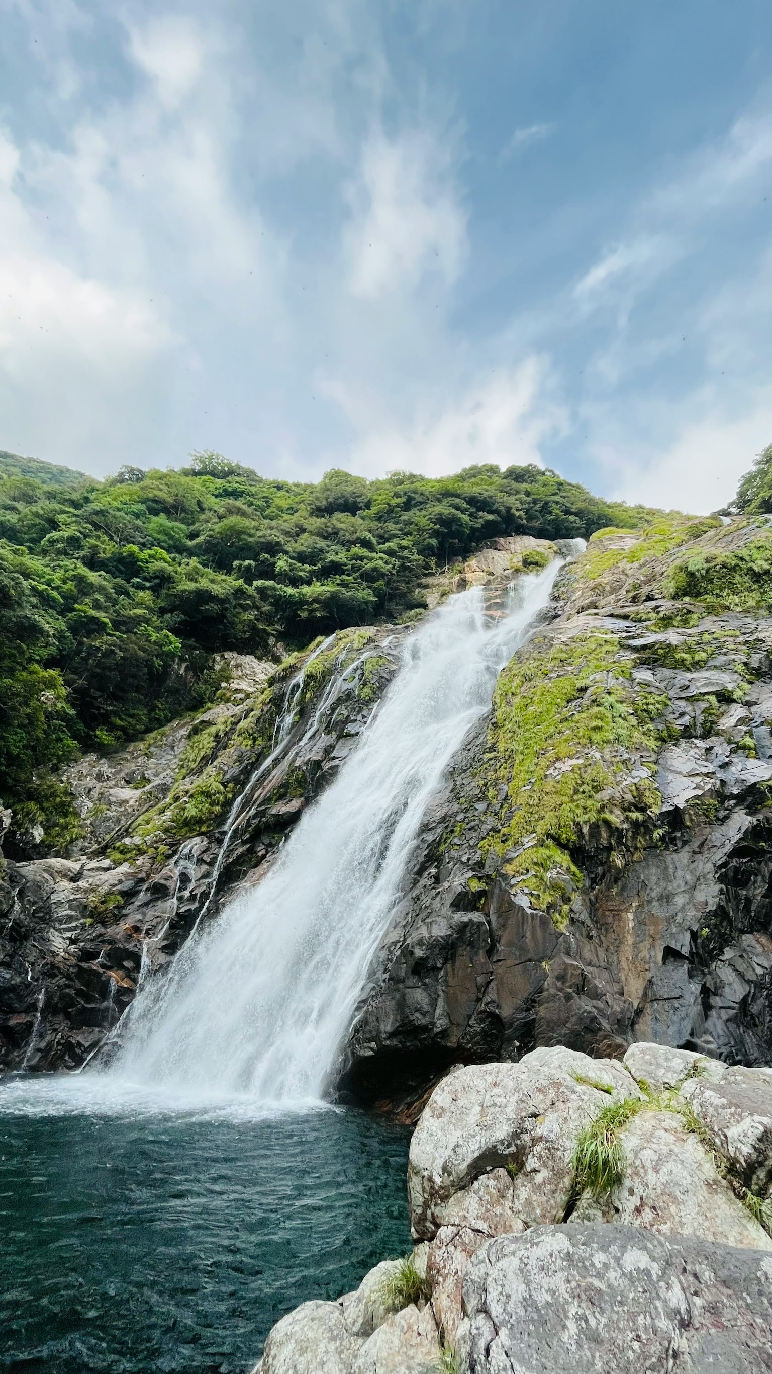 Chute d'eau dévalant des falaises rocheuses entourées de verdure luxuriante