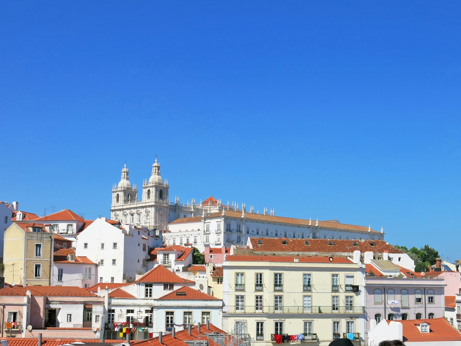 View of Lisbon with blue sky and terracotta rooftops