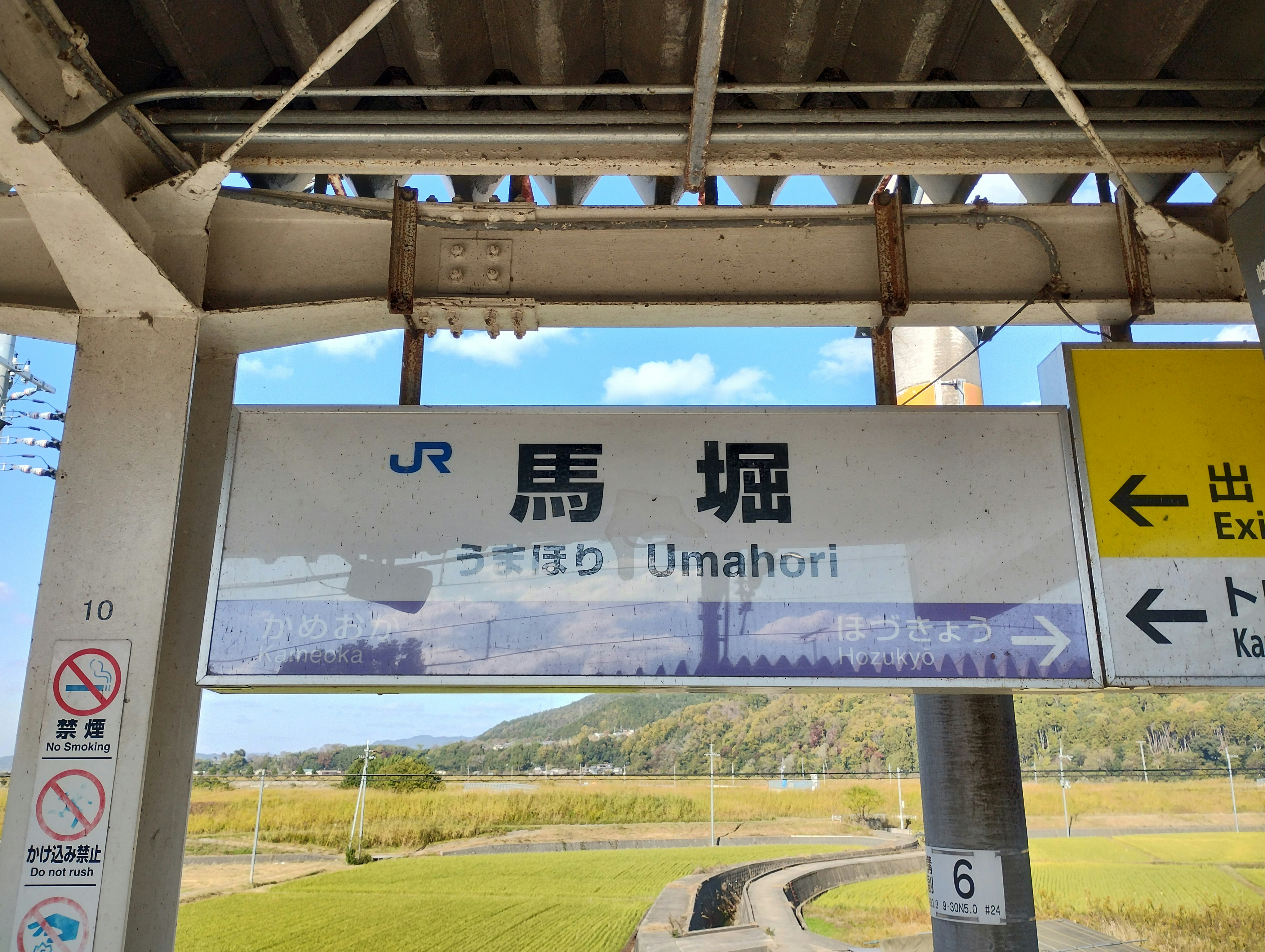 JR馬堀駅のホーム入口の案内標識と線路