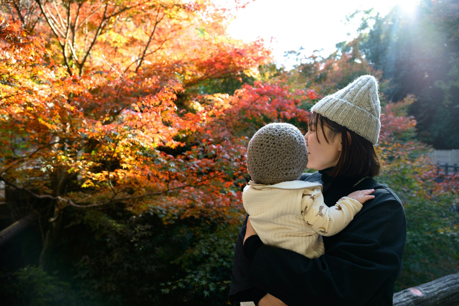 가을 단풍을 배경으로 아기를 안고 있는 여성