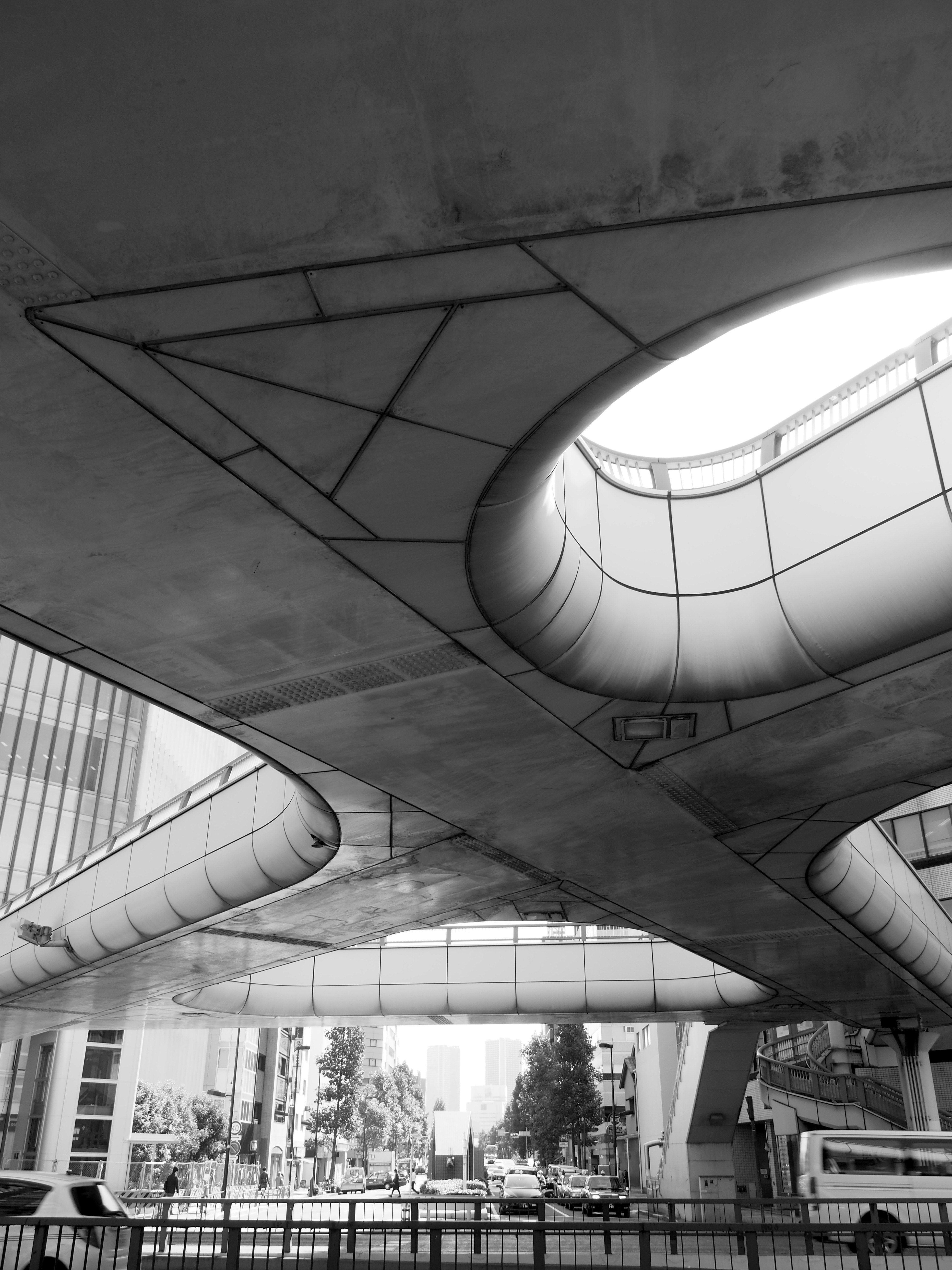 futuristic architectural interior with curved roof and open atrium