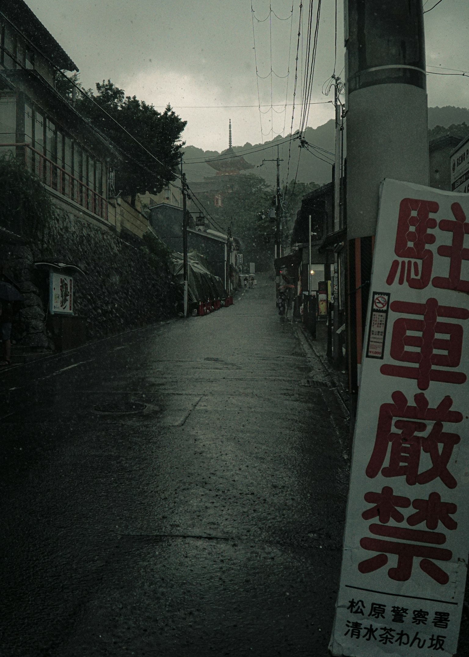 Dimly lit street scene with rain and a no parking sign