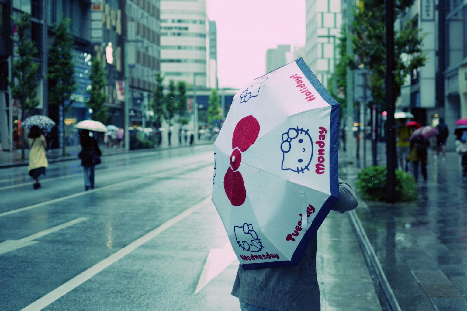 Persona con un ombrello Hello Kitty in una strada piovosa