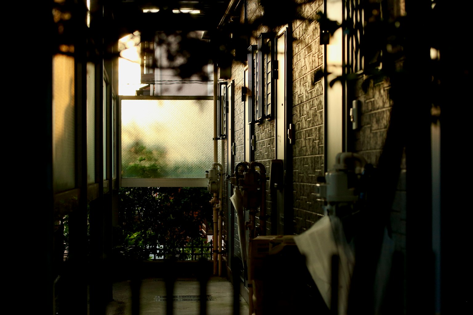Pasillo débilmente iluminado con vista a un jardín