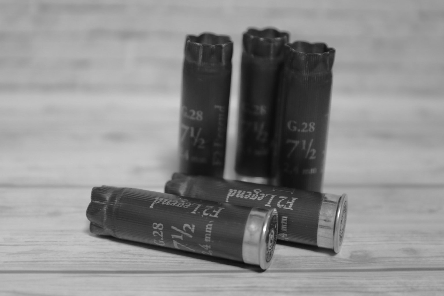 Quatre cartouches de fusil de chasse disposées sur une surface en bois en noir et blanc