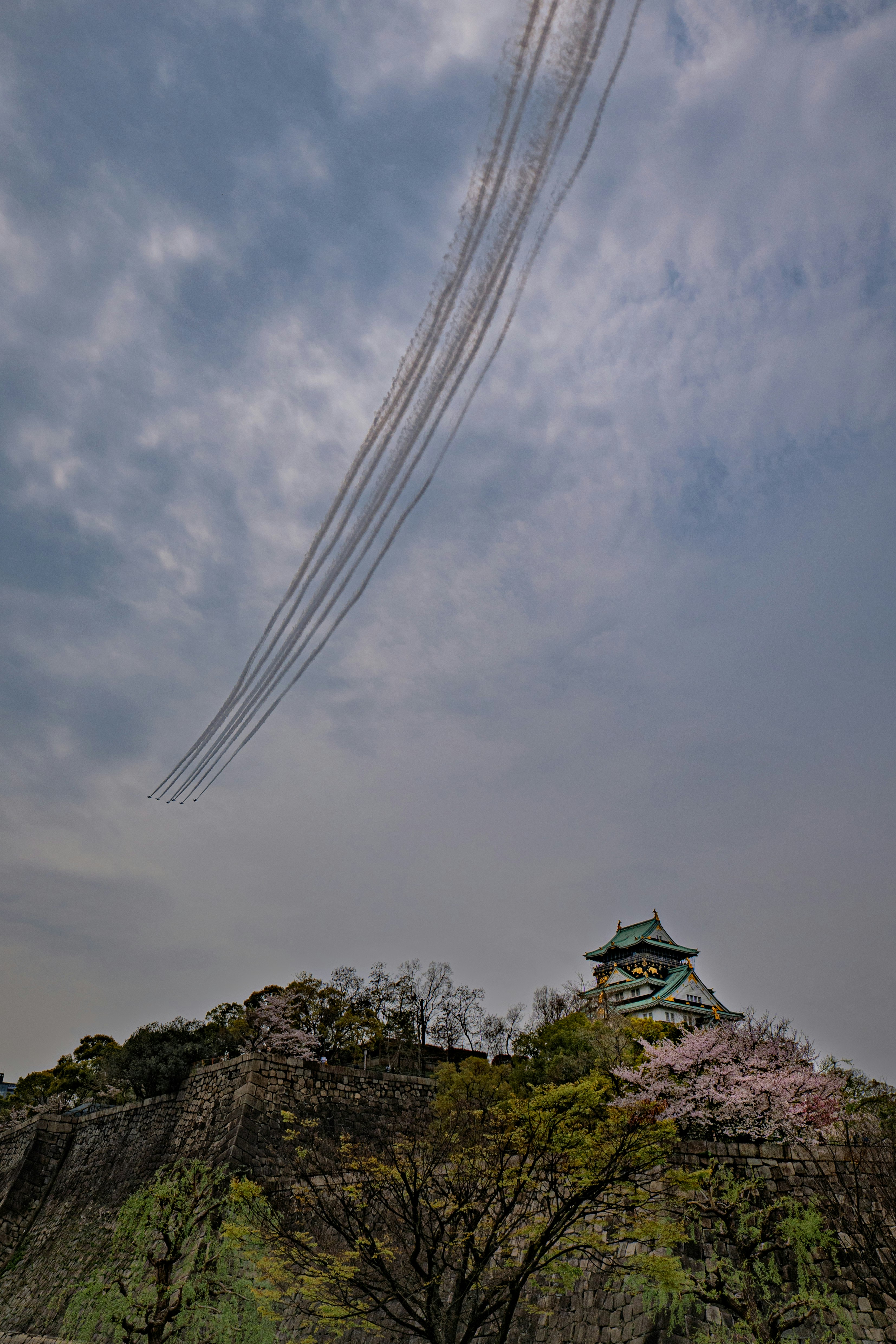 大阪城の上空を飛ぶブルーインパルスの編隊と桜
