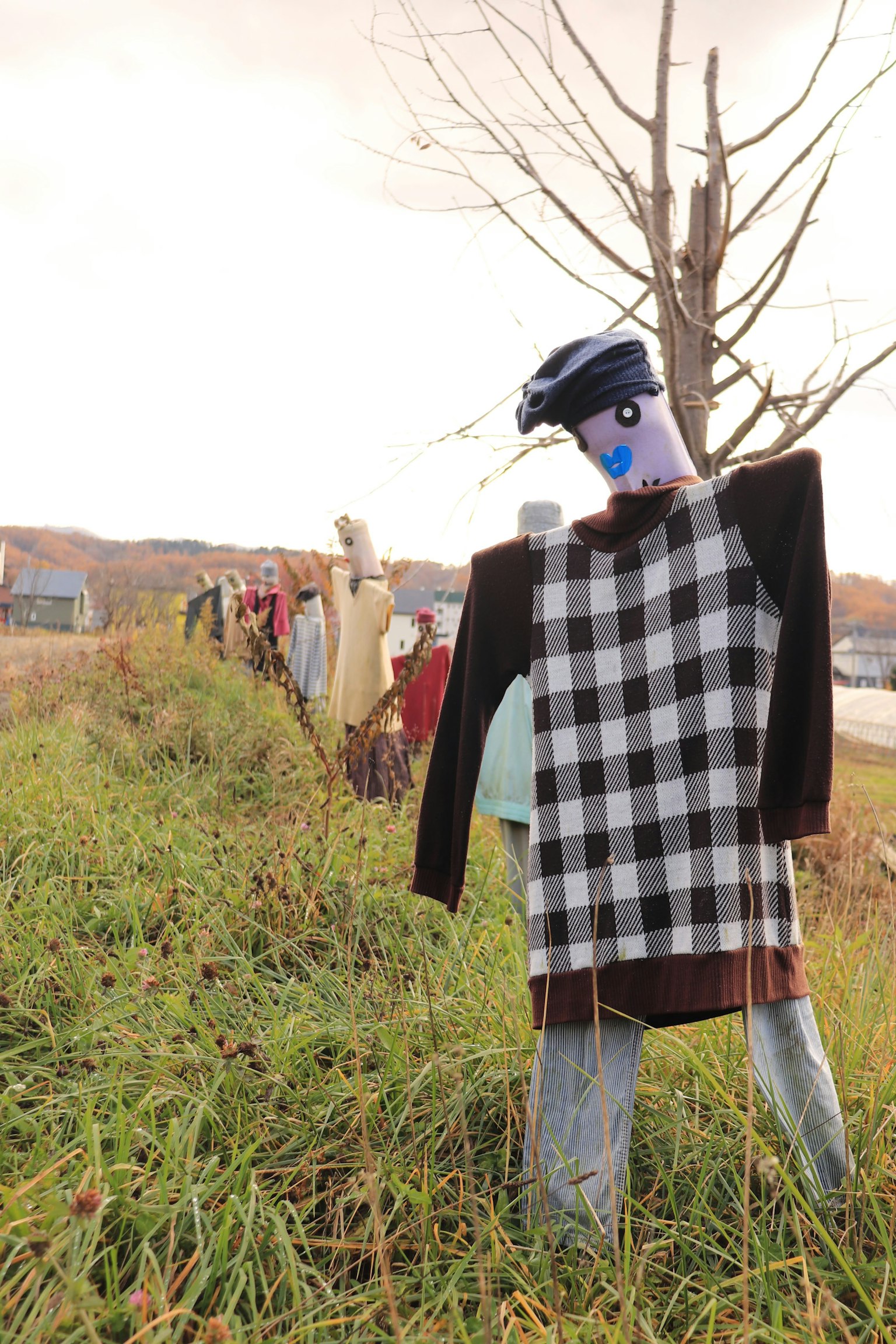 A row of colorful scarecrows in a rural landscape