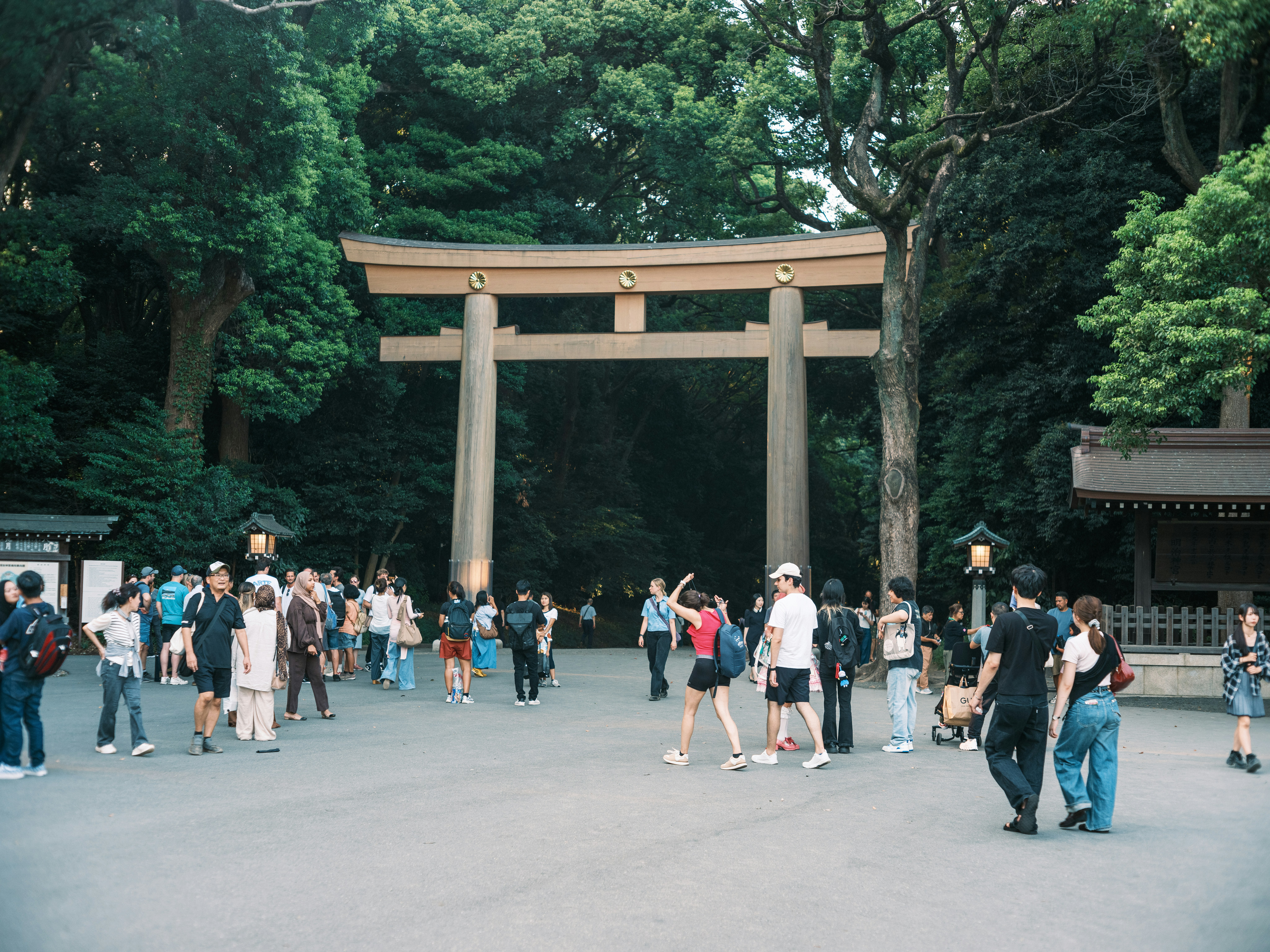 大型鸟居前的游客在神社参道上行走