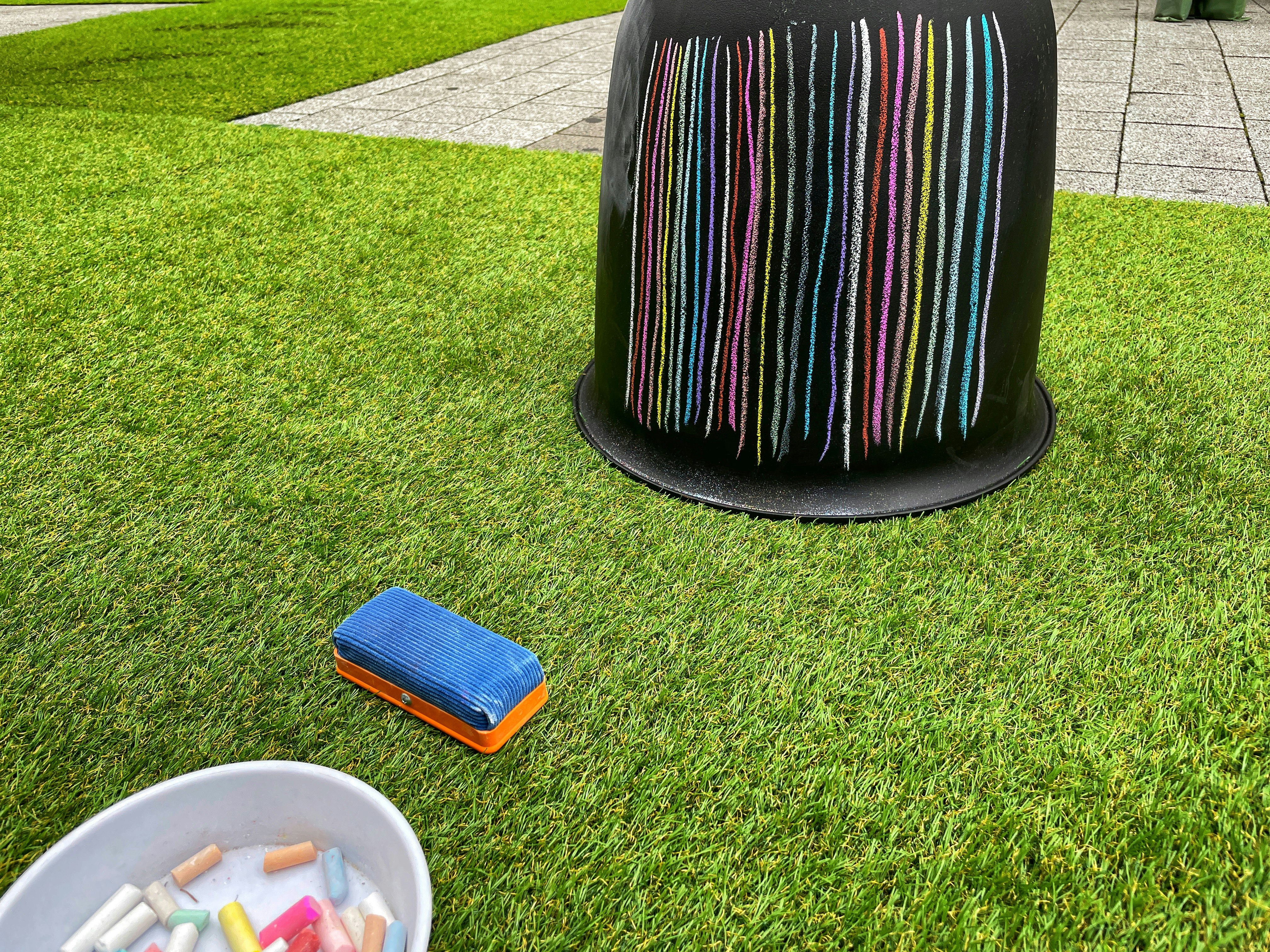 Colorful pencil sharpener and eraser on green grass