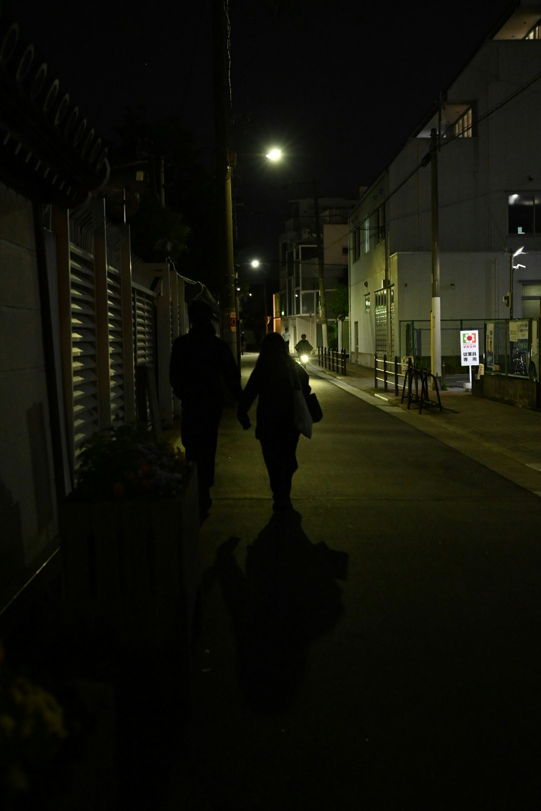 Silhouette di due persone che camminano su una strada buia illuminata da lampioni