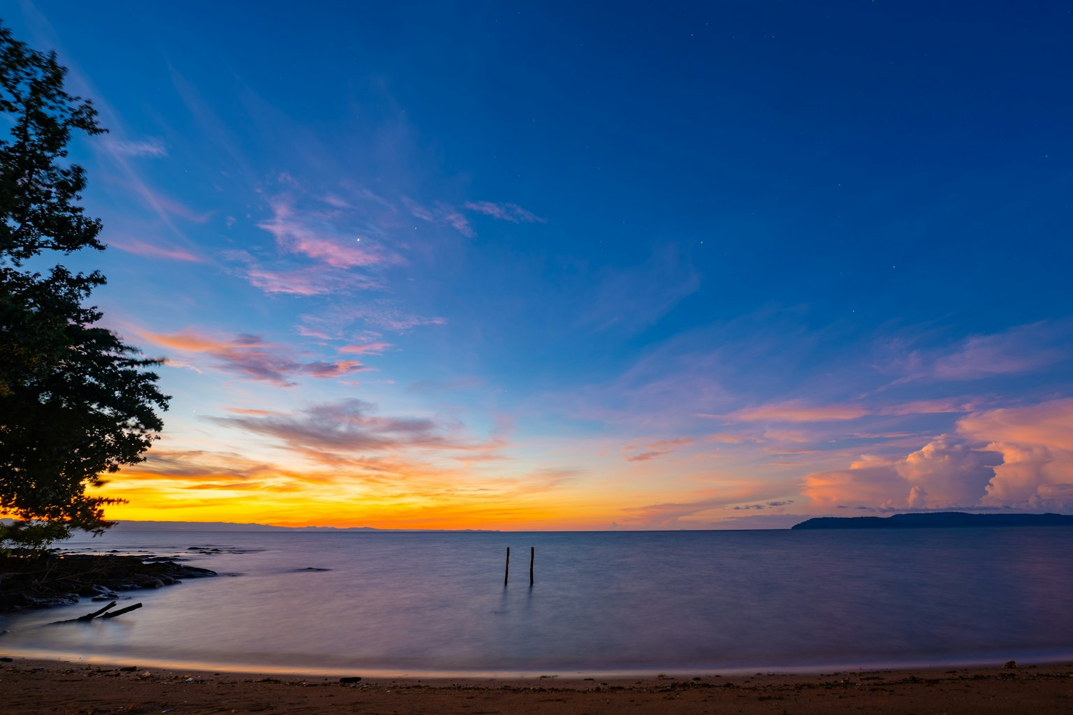 Pemandangan matahari terbenam yang indah di pantai tenang dengan siluet pohon