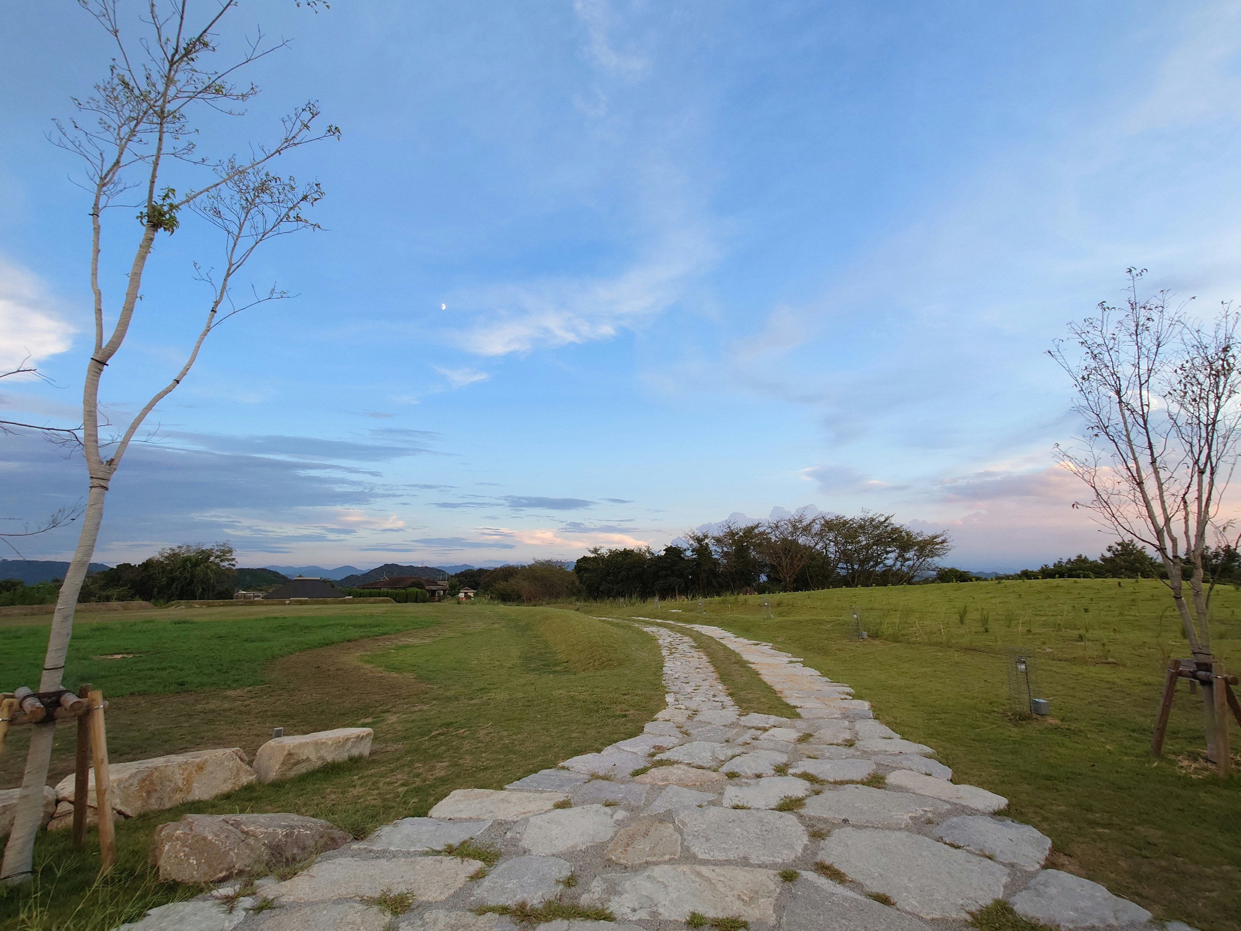 石畳の道が草地の中を続く田園風景