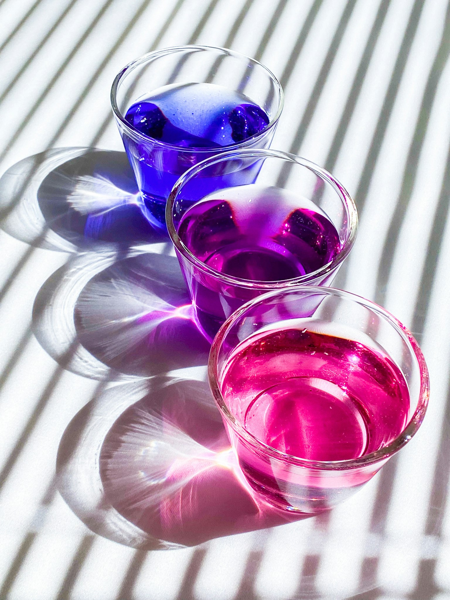 Tazas transparentes con líquidos morados y rosas posicionadas en luz rayada