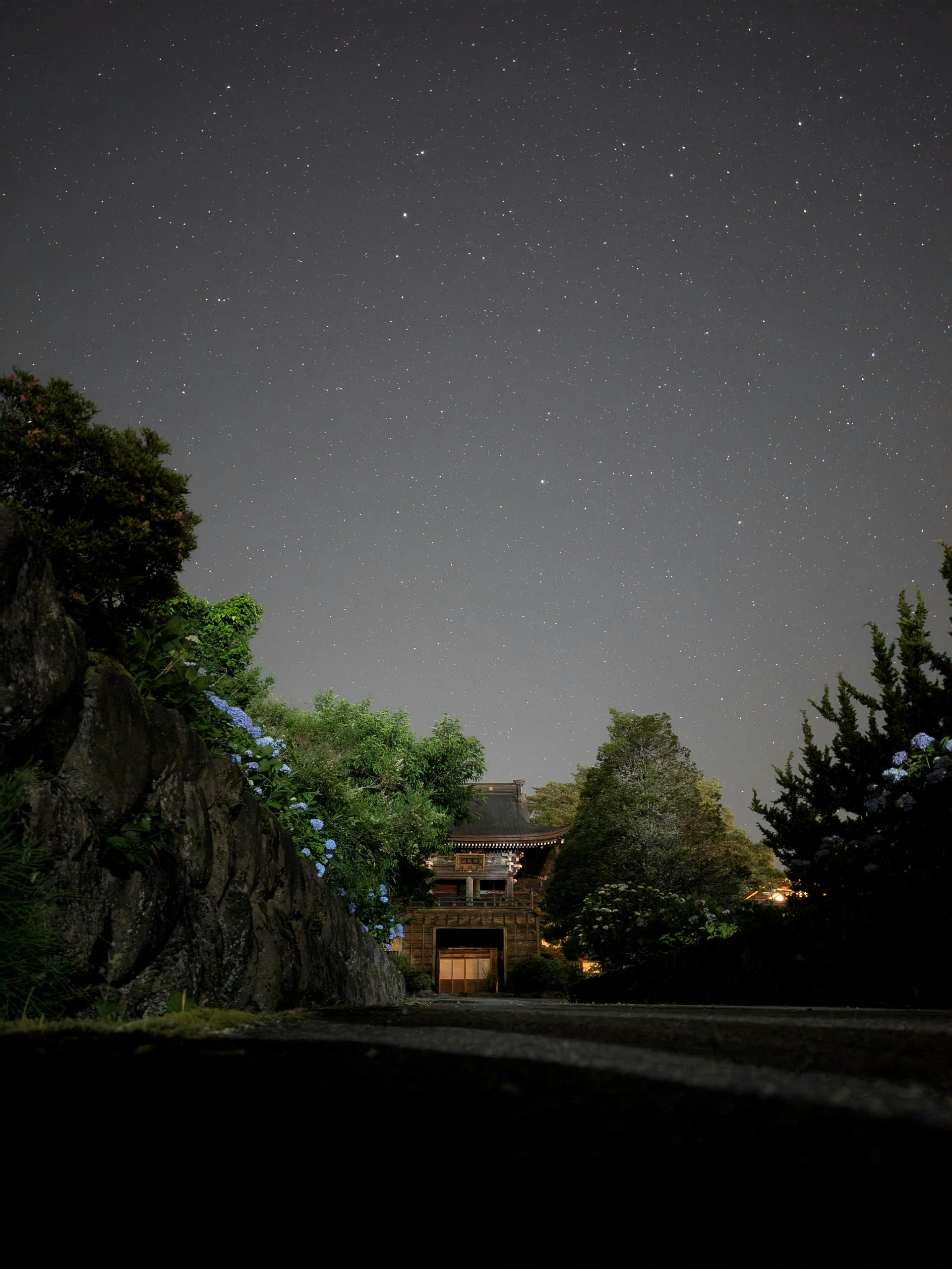 夜空の星と木々に囲まれた小さな家