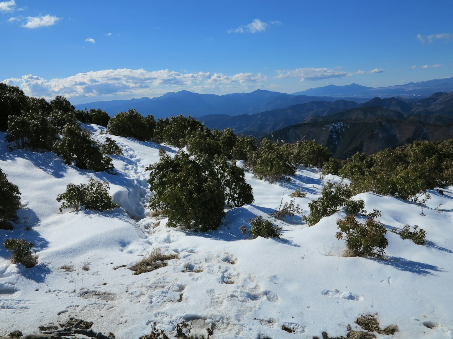 Pente de montagne enneigée avec des montagnes bleues au loin