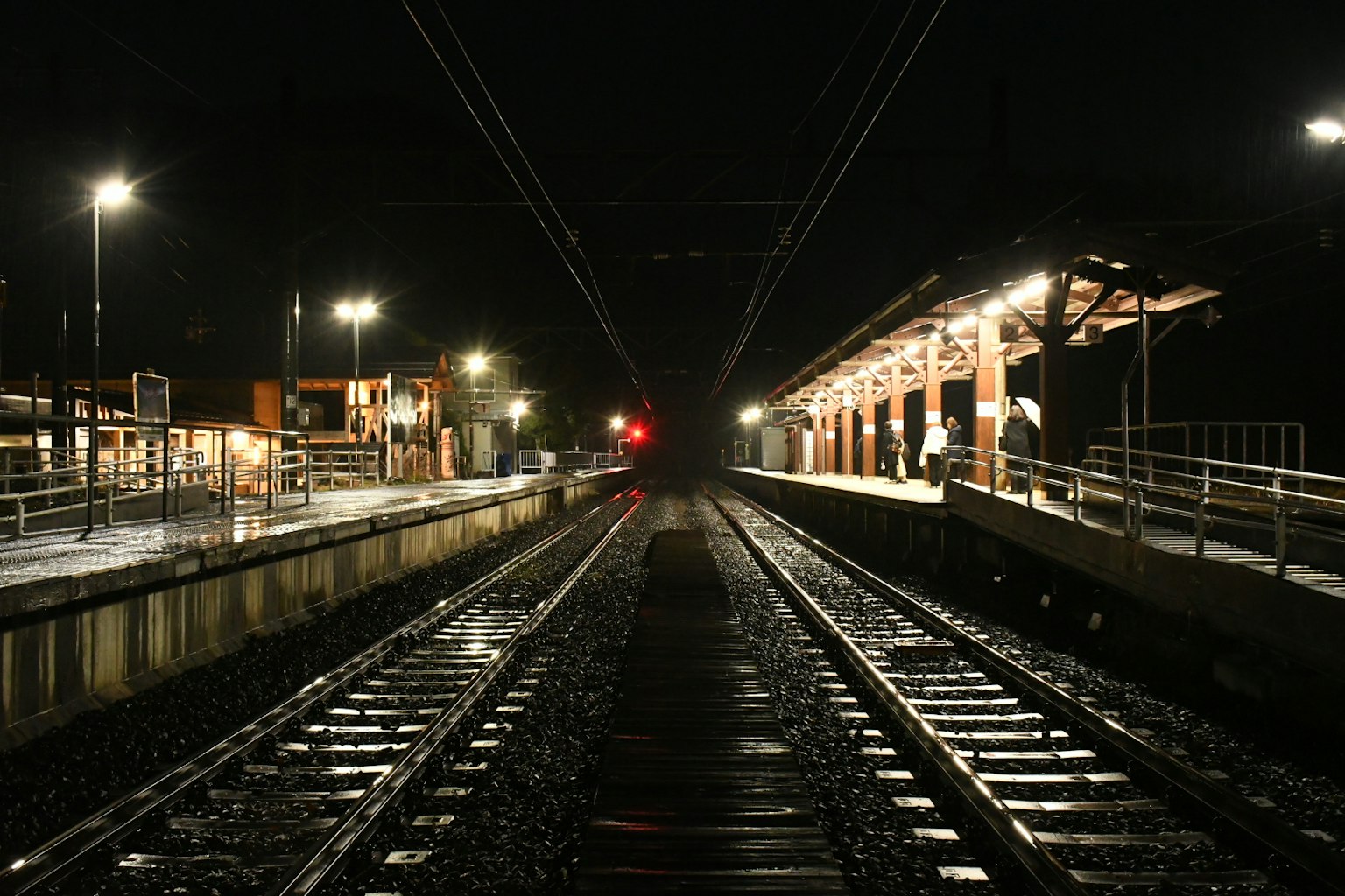Vista notturna di una stazione ferroviaria con binari